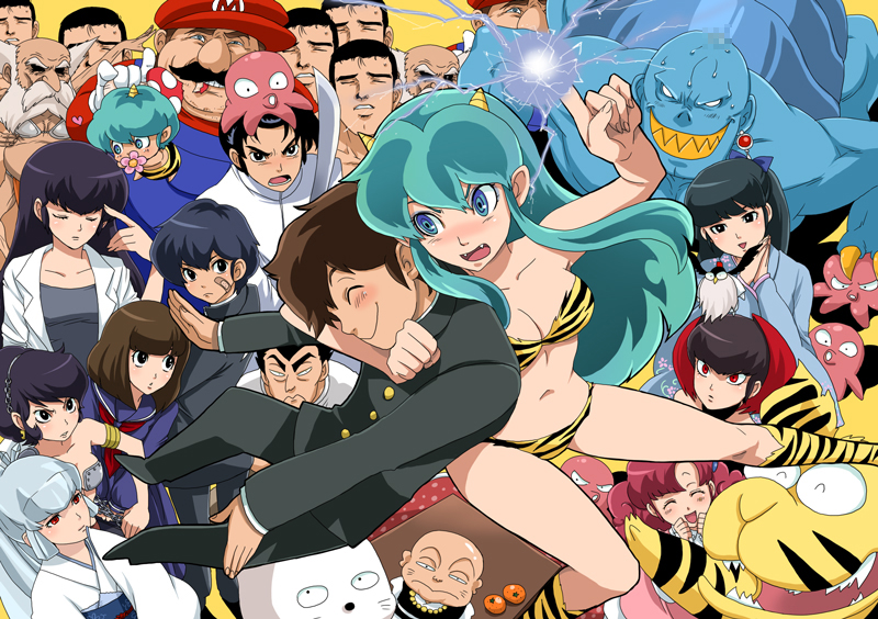 coco (nattou), abe takakazu, benten (urusei yatsura), brey, cagnazzo, fujinami ryuunosuke, kotatsu-neko, kurama (urusei yatsura), lum, manya (dq4), mario, mendou ryouko, mendou shuutarou, miyake shinobu, moroboshi ataru, oyuki (urusei yatsura), ran (urusei yatsura), rei (urusei yatsura), ryuunosuke's father, sakura (urusei yatsura), sakuranbou, ten (urusei yatsura), dragon quest, dragon quest iv, final fantasy, final fantasy iv, kuso miso technique, mario (series), nintendo, super mario bros. 1, urusei yatsura, bad id, bad pixiv id, 6+boys, 6+girls, animal print, baby, beard, black eyes, black hair, blush, breasts, brown hair, closed eyes, cone horns, cosplay, crossover, earrings, everyone, eyeshadow, facial hair, fang, green hair, hat, horns, jewelry, long hair, makeup, manya (cosplay), medium breasts, multiple boys, multiple crossover, multiple girls, mustache, octopus, red eyes, sleeves rolled up, small horns, sweat, tengu, tiger print, white hair