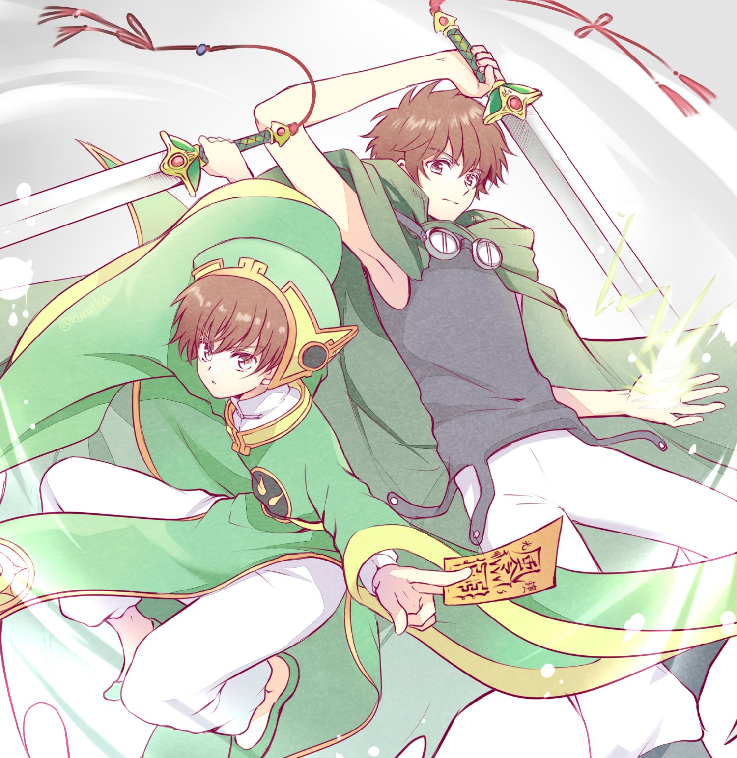 kurabayashi, li syaoran, xiaolang, cardcaptor sakura, tsubasa chronicle, highres, 2boys, arm up, back-to-back, between fingers, black boots, black tank top, boots, brown eyes, brown hair, chinese clothes, cloak, closed mouth, creator connection, crossover, dianzi, energy, feet out of frame, flats, full body, goggles, goggles around neck, green cloak, green eyes, green hat, green robe, green shoes, grey background, hat, holding, holding sword, holding weapon, hood, hood down, hooded cloak, knee up, li syaoran (battle costume), long sleeves, look-alike, looking at viewer, magic, male focus, multiple boys, outstretched arms, pants, pants tucked in, parted lips, pelvic curtain, robe, serious, shoes, short hair, sideways glance, spread arms, sword, sword tassel, talisman, tank top, tassel, weapon, white pants, wide sleeves