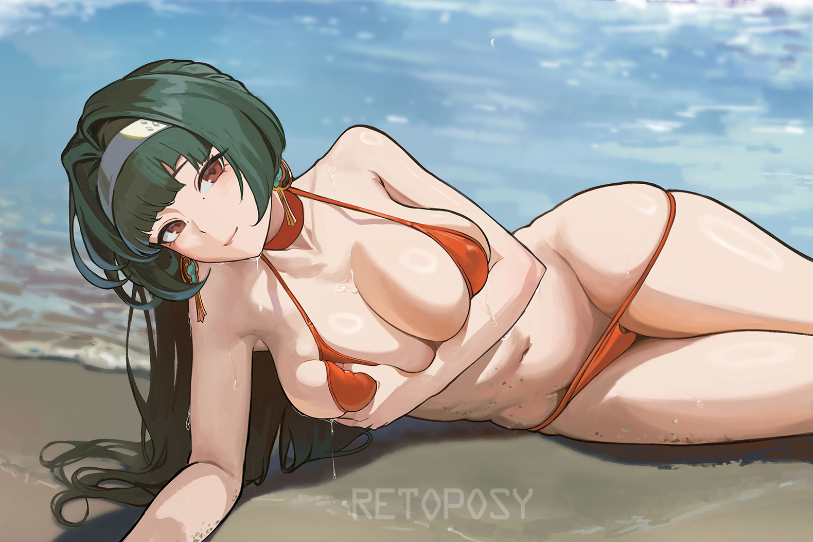 retoposy, astra yao, zenless zone zero, commentary, english commentary, paid reward available, 1girl, artist name, beach, bikini, black hair, breasts, cleavage, covered erect nipples, deep skin, earrings, facial mark, grabbing own breast, hair intakes, hairband, jewelry, large breasts, long hair, looking at viewer, lying, micro bikini, mole, mole under each eye, mole under eye, multiple moles, navel, ocean, on side, orange bikini, red eyes, skindentation, smile, solo, swimsuit, wet