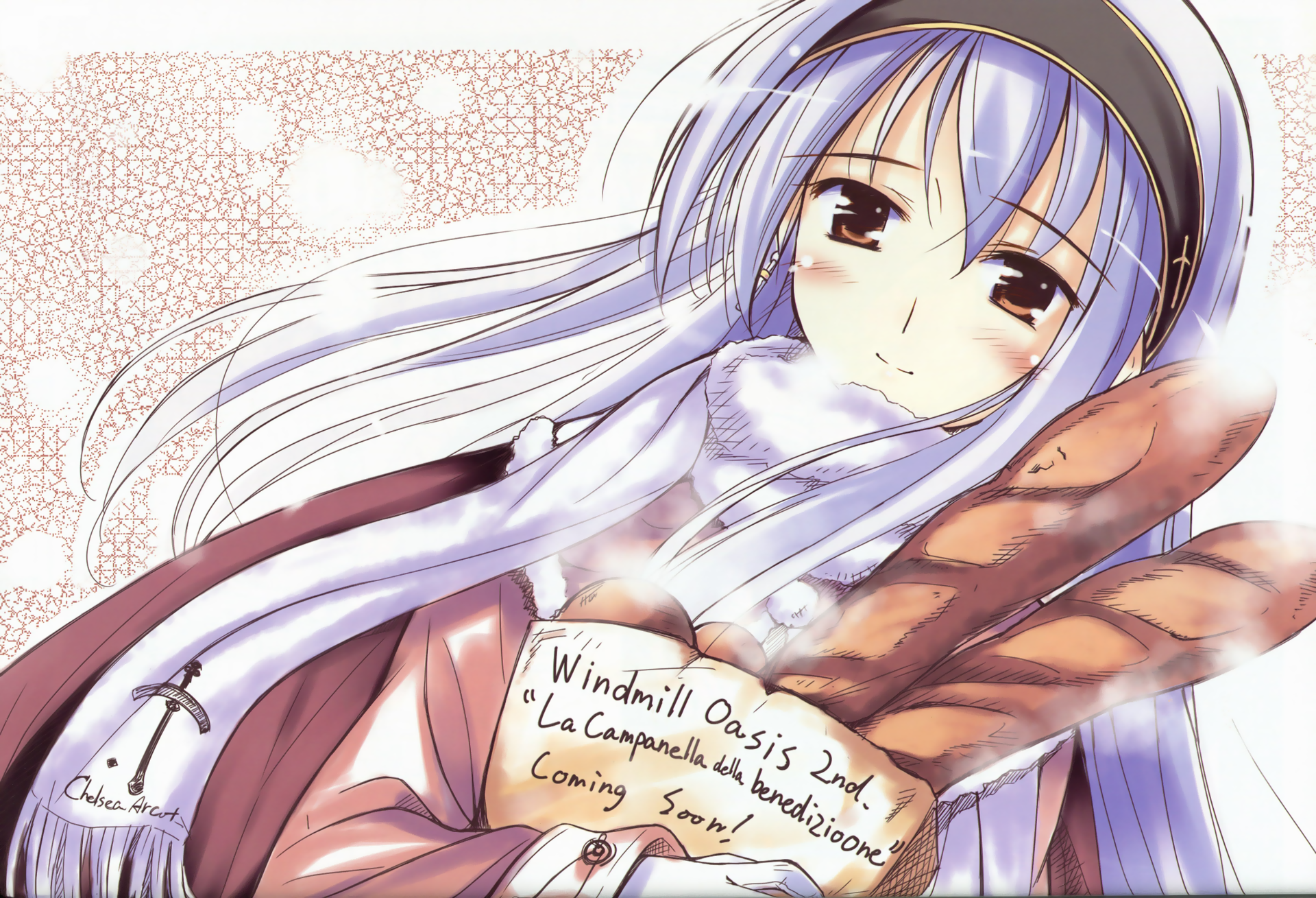 ko~cha, chelsea arcot, shukufuku no campanella, light purple hair, highres, bag, blush, bread, food, gloves, hairband, orange eyes, scarf, smile, snow, solo