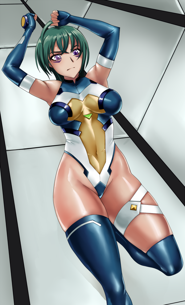 matoyama, kannagi itsuki, sora wo kakeru shoujo, 00s, ahoge, armpits, elbow gloves, gloves, green hair, leotard, navel, purple eyes, skin tight, solo, thighhighs