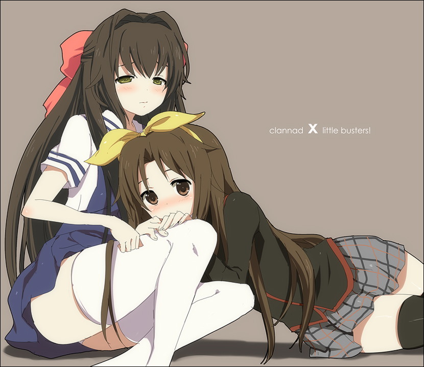 kl (dgzonbi), naoe riki, shima katsuki, clannad, key (company), little busters!, 00s, 2boys, black thighhighs, blush, bow, brown eyes, brown hair, company connection, crossdressing, crossdressing (mtf), crossover, hairband, long hair, male focus, multiple boys, panties, pantyshot, pink bow, plaid clothes, plaid skirt, ribbon, school uniform, sitting, skirt, thighhighs, trap, underwear, white thighhighs, yellow eyes