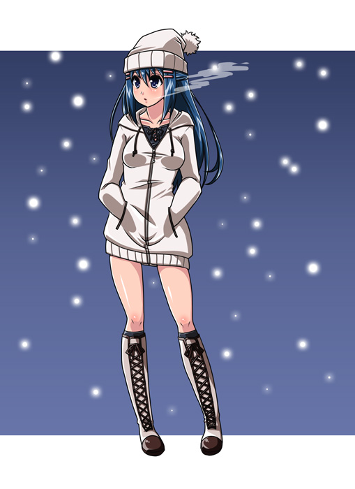 satsuki imonet, dawn (pokemon), nintendo, pokemon, pokemon dppt, 00s, 1girl, alternate costume, beanie, blue eyes, blue hair, boots, breath, female focus, full body, hair ornament, hairclip, hands in pockets, hat, hood, hooded jacket, jacket, knee boots, matching hair/eyes, simple background, snowflakes, solo, standing