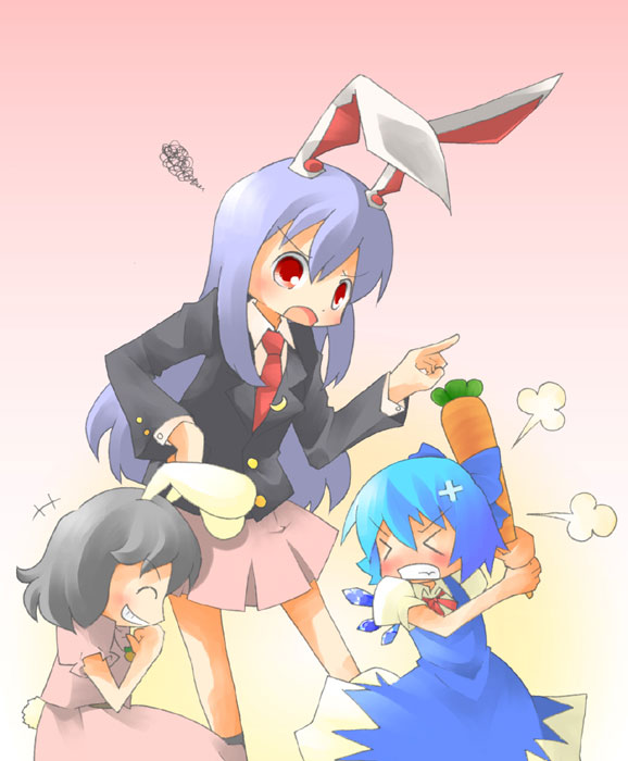 ara ta, harada (sansei rain), cirno, inaba tewi, reisen udongein inaba, touhou, bad id, bad pixiv id, > <, 3girls, animal ears, black hair, blue hair, closed eyes, female focus, hair ribbon, long hair, multiple girls, necktie, purple hair, rabbit ears, red eyes, red necktie, ribbon, short hair, skirt, wings