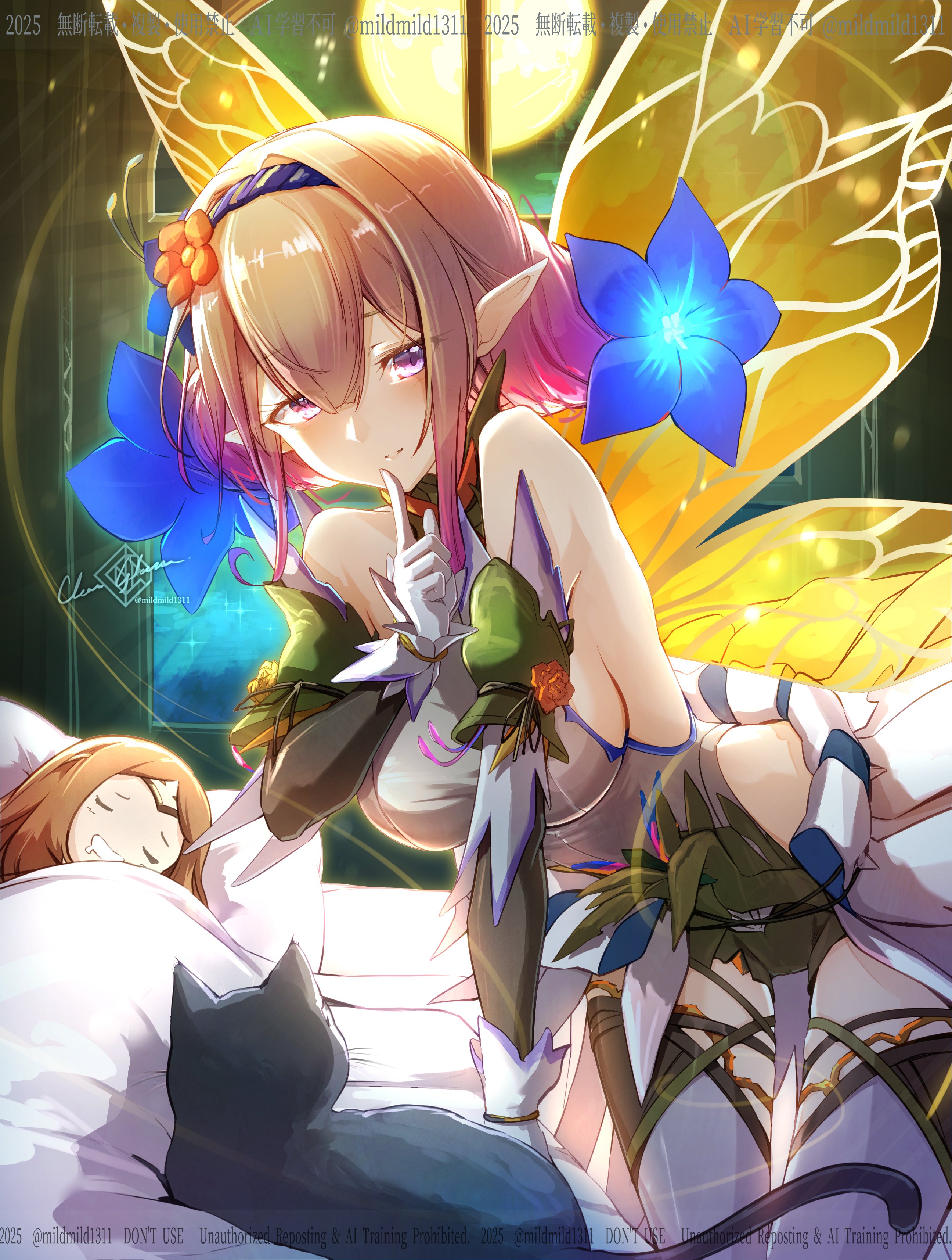 clear glass (mildmild1311), female kiran (fire emblem), kiran (fire emblem), peony (cherished dream) (fire emblem), peony (fire emblem), fire emblem, fire emblem heroes, nintendo, absurdres, highres, 2girls, bare shoulders, bed, blonde hair, breasts, butterfly wings, cat, circlet, closed eyes, closed mouth, detached sleeves, fairy, fairy wings, finger to mouth, flower, full moon, gloves, grey leotard, hair flower, hair ornament, indoors, insect wings, large breasts, leotard, looking at viewer, moon, multiple girls, night, official alternate costume, open mouth, overskirt, purple eyes, short hair, shushing, sideboob, sleeping, smile, solo focus, thighhighs, thighs, under covers, white gloves, white thighhighs, window, wings