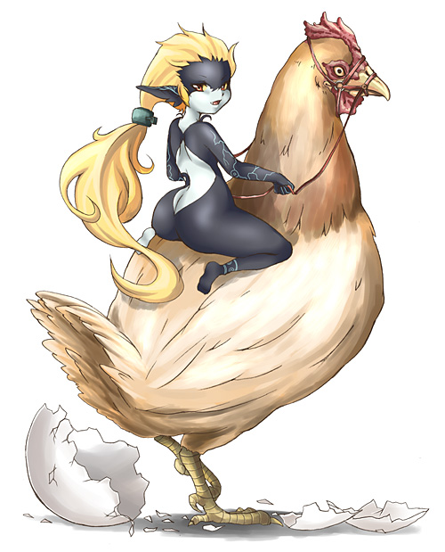 inumimi moeta, midna, nintendo, the legend of zelda, the legend of zelda: twilight princess, 1girl, ass, barefoot, bird, blonde hair, chicken, egg, eggshell, hatching, helmet, long hair, looking back, no headwear, nude, red eyes, riding, smile, unworn headwear, unworn helmet