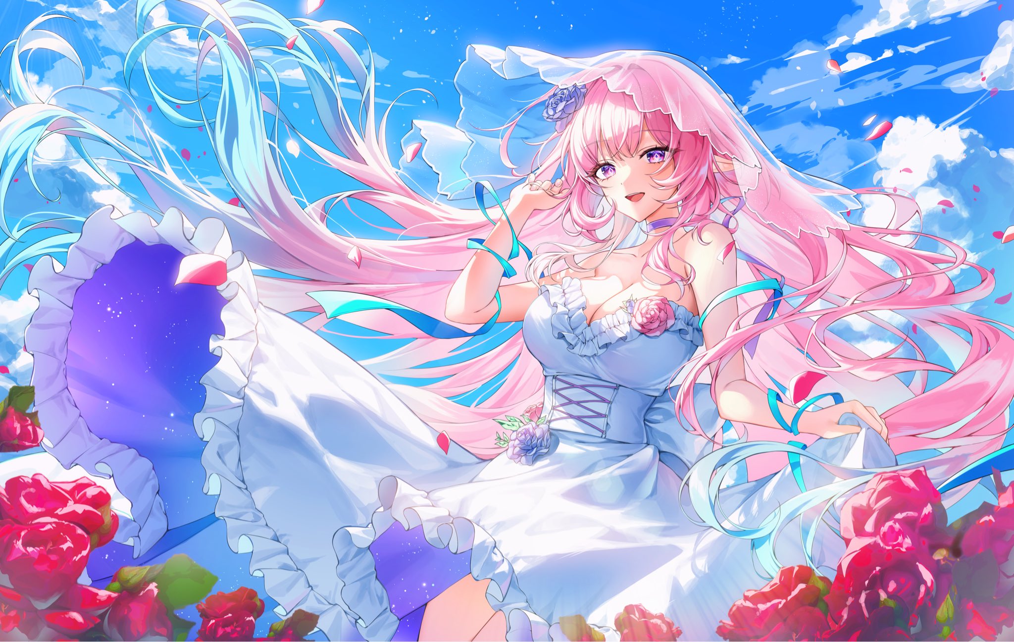 soymilk arts2, cyrene (honkai: star rail), cyrene (ripples of past reverie) (honkai: star rail), honkai: star rail, honkai (series), hashtag-only commentary, highres, 1girl, aqua hair, bare shoulders, blue sky, breasts, bridal veil, cleavage, diamond-shaped pupils, diamond (shape), dress, flower, gradient hair, large breasts, long hair, multicolored hair, outdoors, pink hair, pointy ears, purple eyes, red flower, red rose, rose, sky, solo, symbol-shaped pupils, veil, very long hair, white dress