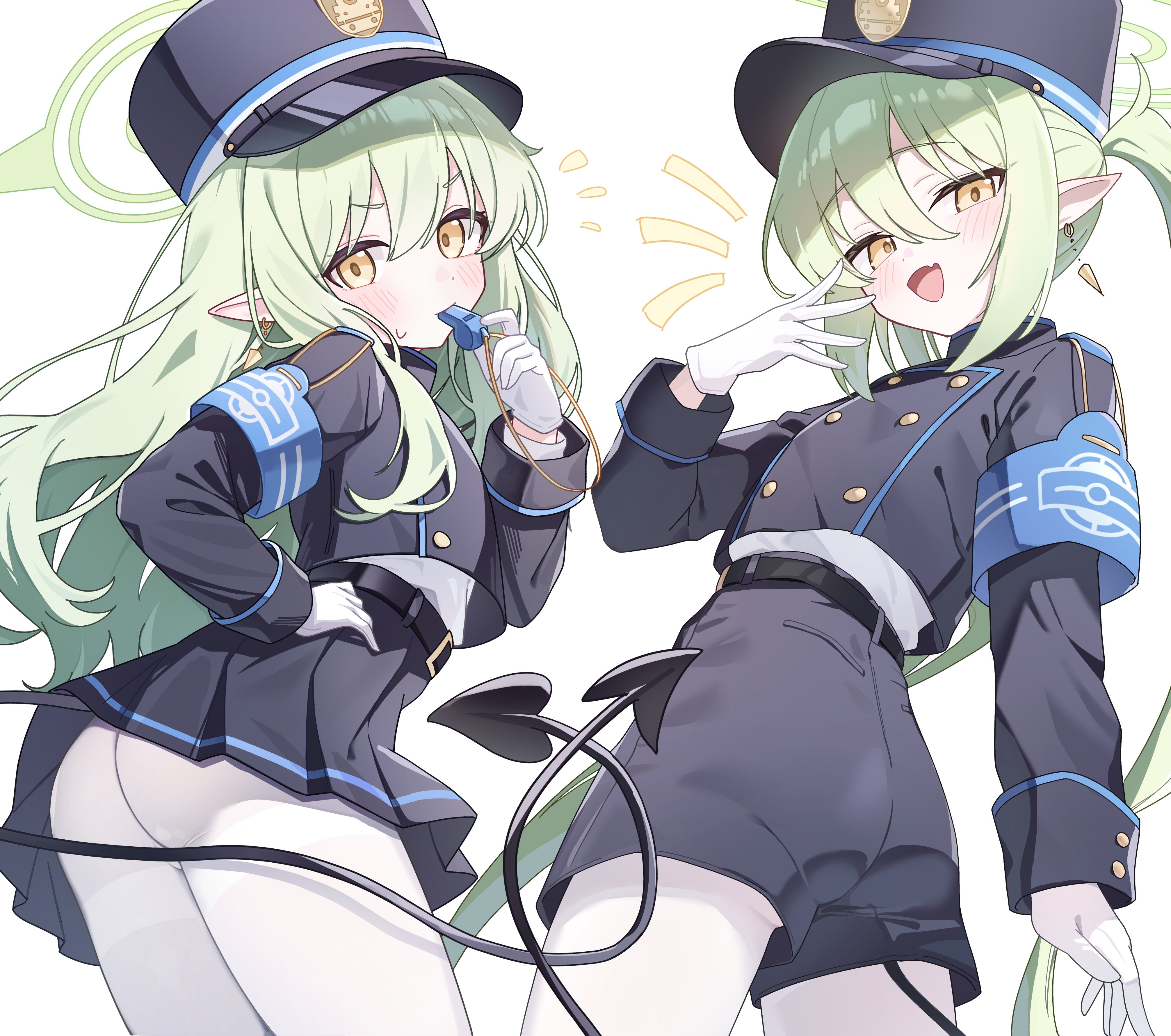 nonddu, hikari (blue archive), nozomi (blue archive), blue archive, absurdres, commentary, highres, symbol-only commentary, 2girls, armband, ass, belt, black belt, black jacket, black skirt, black tail, blowing whistle, blue armband, blue shirt, blue shorts, bright pupils, buttons, cowboy shot, cropped jacket, demon girl, demon tail, double-breasted, earrings, fang, from behind, gloves, green hair, green halo, hair between eyes, halo, hat, heart, heart tail, holding, holding whistle, jacket, jewelry, light blush, long hair, long sleeves, looking at viewer, looking back, military hat, multiple girls, pantyhose, pleated skirt, pointy ears, shirt, short shorts, shorts, siblings, simple background, sisters, skin fang, skirt, solo, sweatdrop, tail, twins, twintails, v-shaped eyebrows, whistle, whistling, white background, white gloves, white pantyhose, white sleeves, yellow eyes