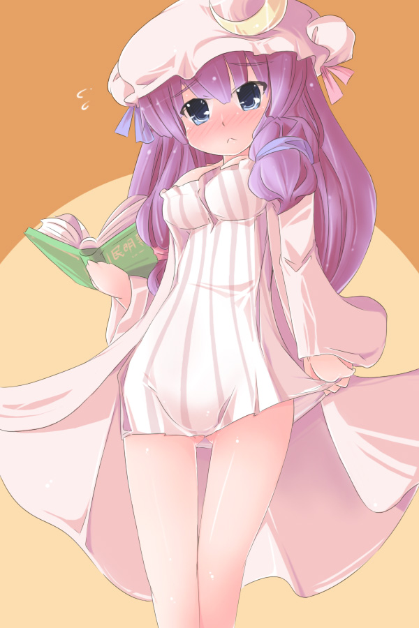 naik, patchouli knowledge, touhou, 1girl, blue eyes, blush, book, bottomless, breasts, crescent, crescent hat ornament, female focus, hat, hat ornament, long hair, purple hair, solo