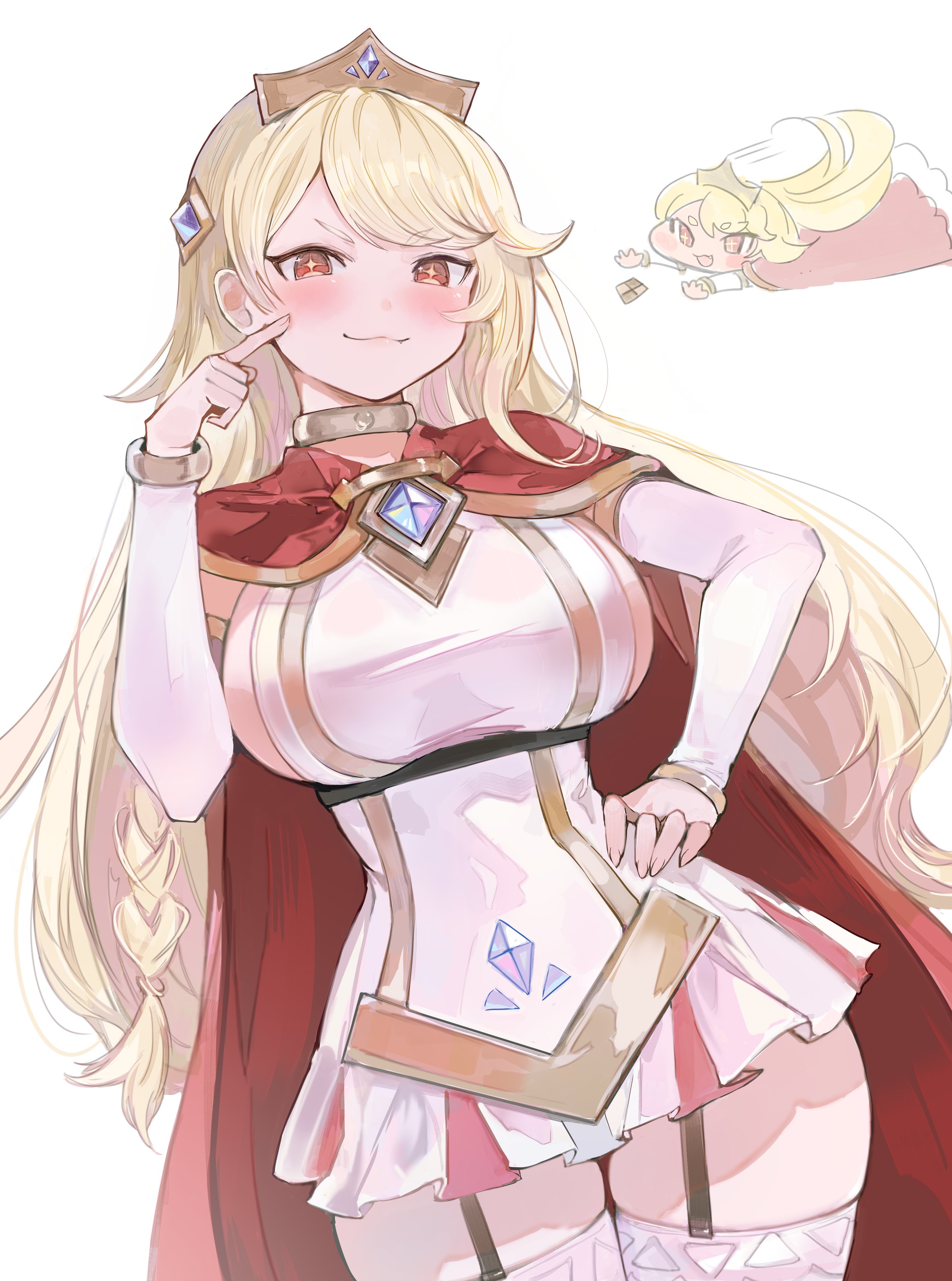 erpin (trickcal), trickcal, absurdres, highres, 1girl, :3, armlet, bangle, blonde hair, blush, bracelet, braid, breasts, cape, chibi, chibi inset, dress, empire waist, garter straps, hand on own hip, jewelry, large breasts, long hair, looking at viewer, mikotarou, miniskirt, neck ring, pointing, pointing at self, red cape, red eyes, short eyebrows, sideboob, sideless dress, single braid, skirt, solo, sparkling eyes, swept bangs, thighhighs, very long hair, white dress, white thighhighs, zettai ryouiki