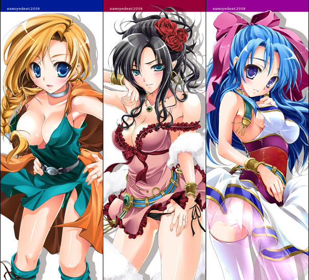 bankoku ayuya, bianca (dq5), deborah (dq5), flora (dq5), dragon quest, dragon quest v, 3girls, bow, breasts, cleavage, flower, hair flower, hair ornament, hair over shoulder, hair ribbon, half updo, large breasts, medium breasts, multiple girls, panties, pink bow, ribbon, side-tie panties, sideboob, thighhighs, underwear, white thighhighs