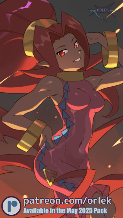 orlek, din, nintendo, the legend of zelda, the legend of zelda: oracle of seasons, 1girl, bangle, bracelet, breasts, covered navel, dark-skinned female, dark skin, dress, grin, jewelry, long hair, looking at viewer, medium breasts, neck ring, open mouth, pointy ears, ponytail, red dress, red eyes, red hair, smile, solo, very long hair
