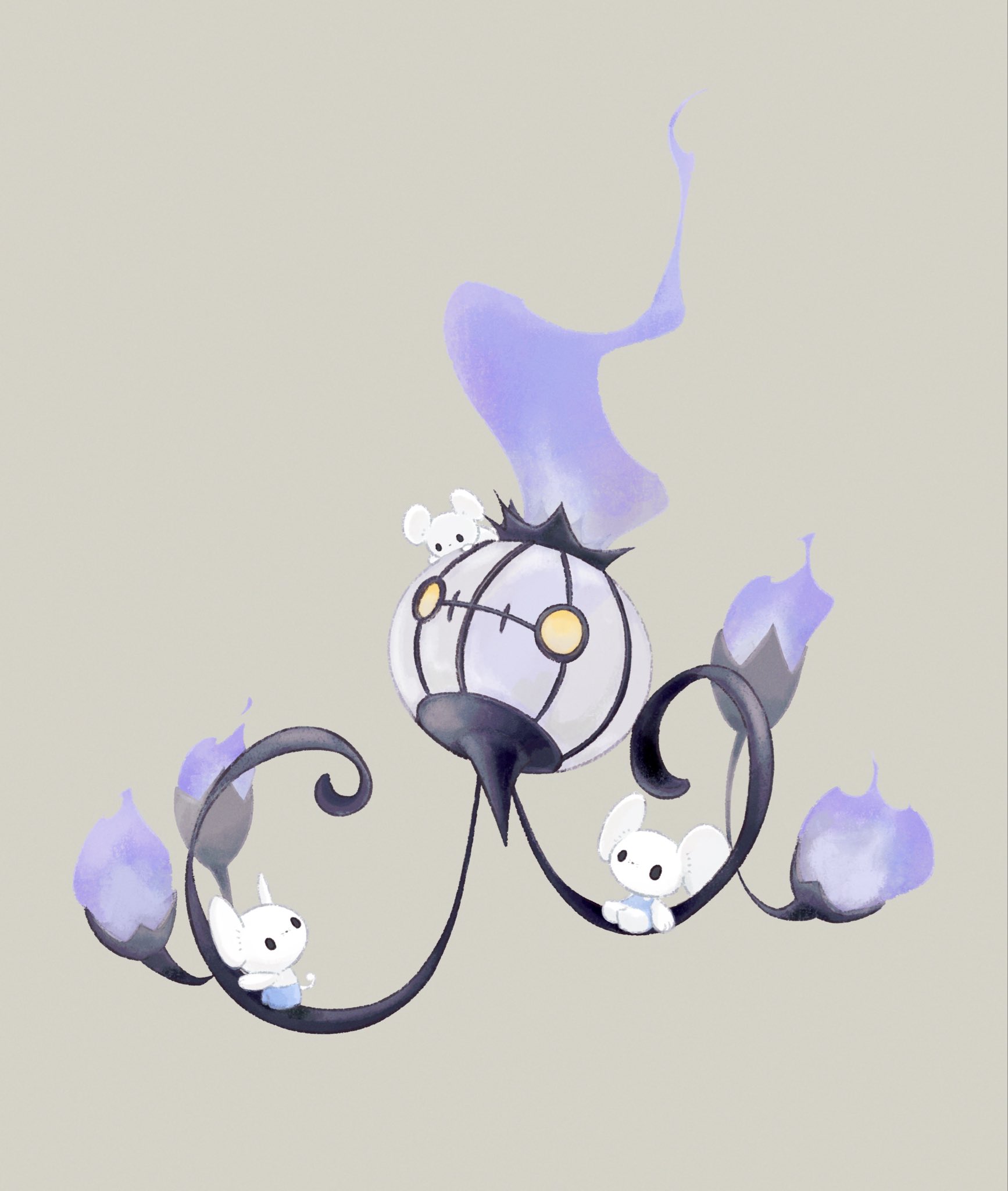 fireblast, chandelure, maushold, maushold (family of three), nintendo, pokemon, highres, animal focus, black eyes, blue fire, chandelier, fire, full body, gen 5 pokemon, mouse (animal), no humans, pokemon (creature), pokemon focus, purple fire, simple background, yellow eyes