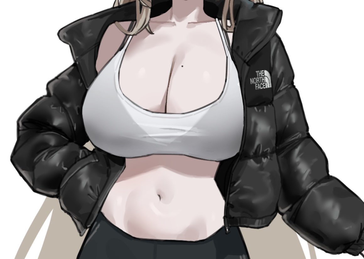 original, 1girl, 570 ml, black bra, black jacket, blonde hair, bra, bra visible through clothes, breasts, cleavage, collarbone, crop top, hand in pocket, head out of frame, jacket, large breasts, long hair, long sleeves, midriff, mole, mole on breast, navel, open clothes, open jacket, shirt, simple background, sleeveless, sleeveless shirt, solo, spaghetti strap, stomach, string bra, taut clothes, taut shirt, the north face, underwear, upper body, very long hair, white background, white shirt
