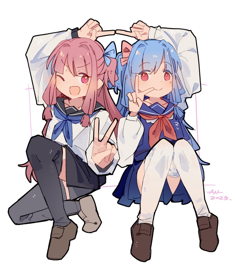 nimingduz, kotonoha akane, kotonoha aoi, voiceroid, commentary, symbol-only commentary, 2025, 2girls, ;d, alternate costume, black sailor collar, black skirt, black thighhighs, blue dress, blue hair, blue neckerchief, blue ribbon, blue sailor collar, blunt bangs, brown shoes, closed mouth, contemporary, dated, dress, dress over shirt, full body, hair intakes, hair ribbon, index finger raised, kneeling, long hair, long sleeves, low-tied sidelocks, multiple girls, neckerchief, one eye closed, open mouth, pinafore dress, pink hair, pink ribbon, pleated skirt, puffy long sleeves, puffy sleeves, red eyes, red neckerchief, ribbon, sailor collar, sailor shirt, school uniform, serafuku, shirt, shoes, siblings, sidelocks, simple background, sisters, sitting, skirt, sleeveless, sleeveless dress, smile, thighhighs, v, v-shaped eyebrows, white background, white shirt, white thighhighs, zettai ryouiki