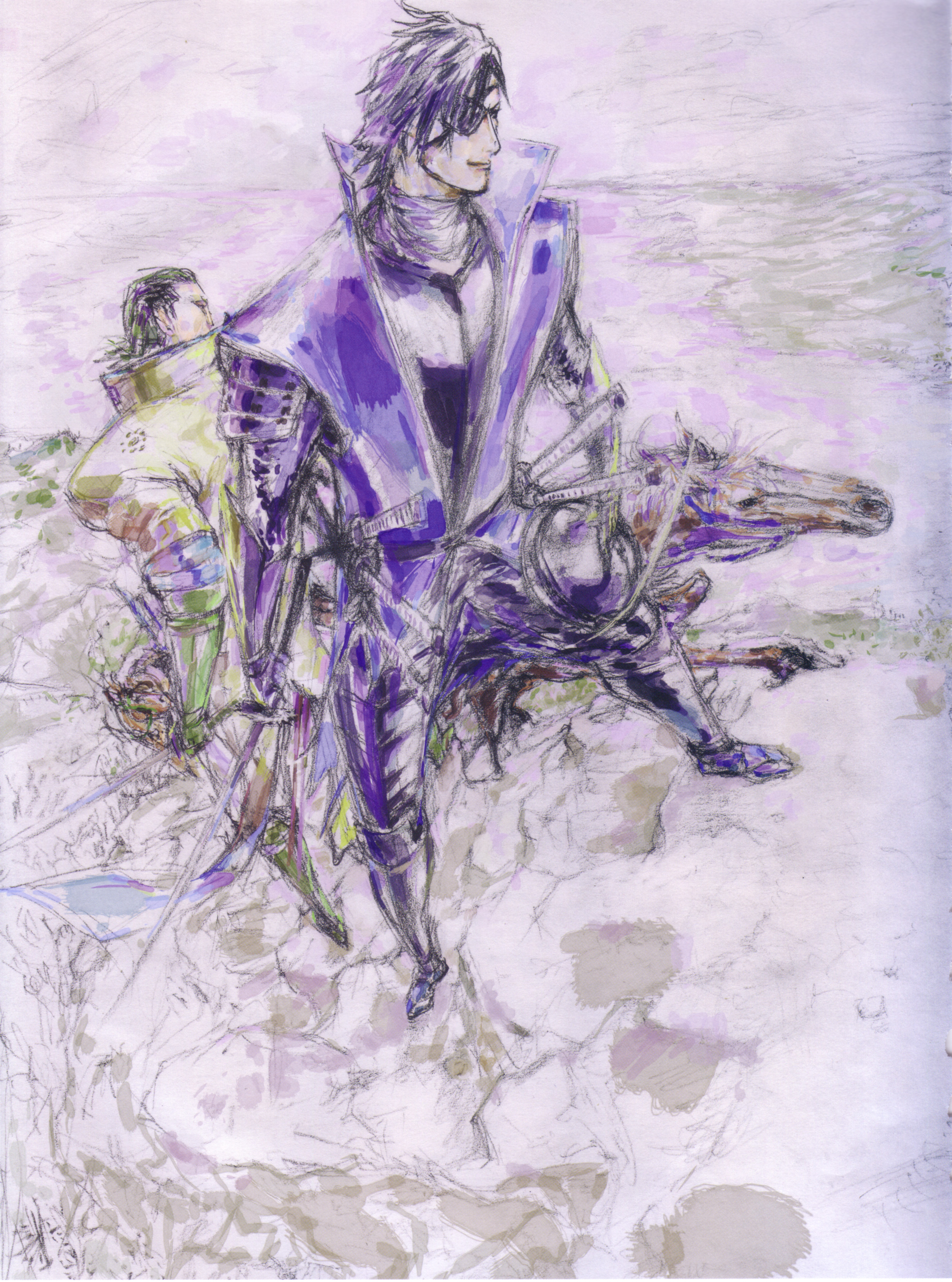 tsuchibayashi makoto, date masamune (sengoku basara), katakura kojuurou, sengoku basara, absurdres, highres, 00s, 2boys, armor, coat, eyepatch, horse, male focus, multiple boys, sword, weapon