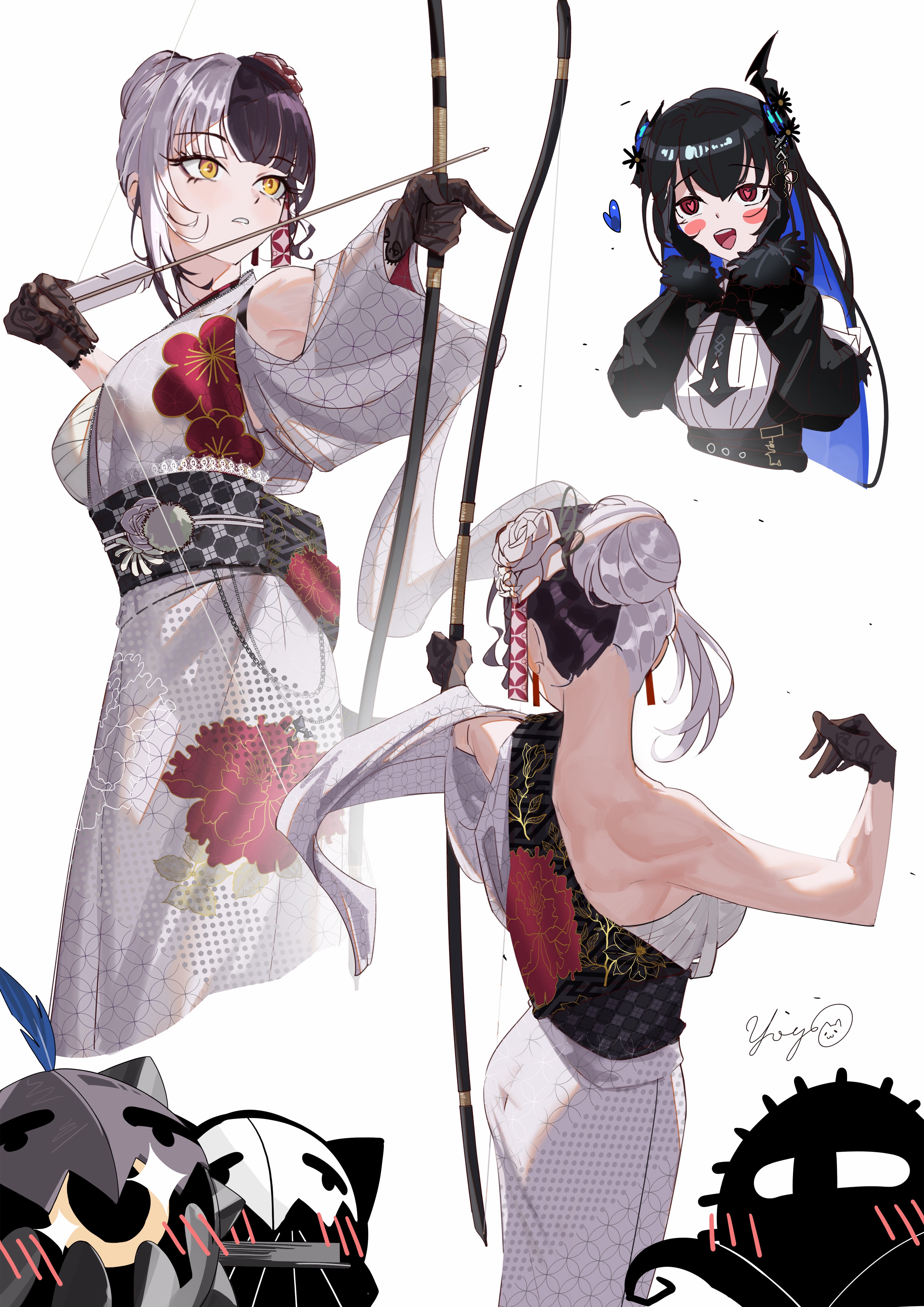 massiveyog, nerissa ravencroft, nerissa ravencroft (1st costume), novelites (shiori novella), shiori novella, shiori novella (new year), hololive, hololive english, absurdres, commentary request, highres, 2girls, archery, arrow (projectile), black hair, black kimono, blue hair, blush, blush stickers, bow (weapon), chest sarashi, colored inner hair, drawing bow, floral print, floral print kimono, gloves, grey hair, hair bun, heart, holding, holding bow (weapon), holding weapon, japanese clothes, kimono, lace, lace gloves, multicolored hair, multiple girls, official alternate costume, official alternate hairstyle, print kimono, red eyes, sarashi, split-color hair, two-tone hair, virtual youtuber, weapon, white background, white kimono, yellow eyes, yumi (bow)