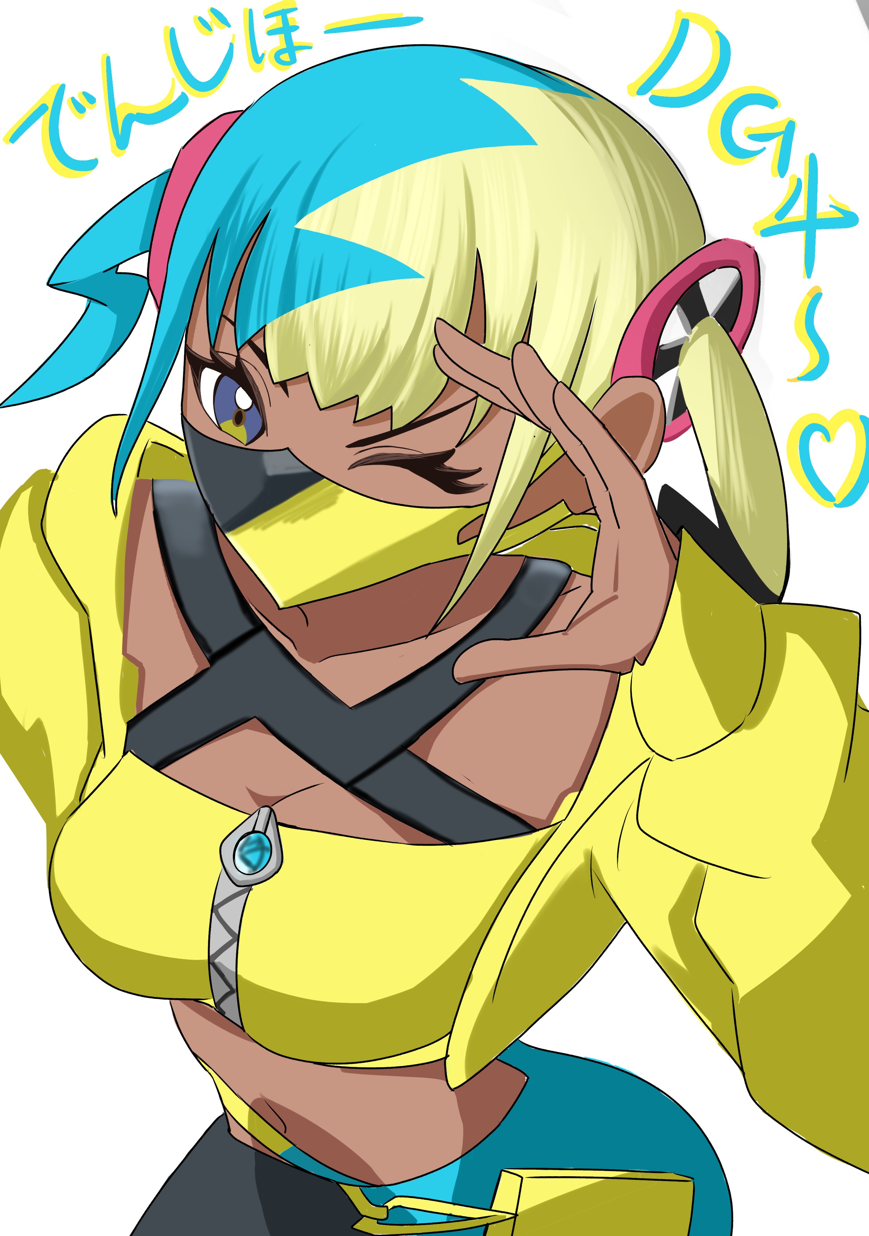 shotockflow, canari (pokemon), nintendo, pokemon, pokemon legends: z-a, absurdres, highres, 1girl, aqua hair, bandeau, black mask, blonde hair, breasts, cleavage, criss-cross halter, crop top, cropped jacket, curly sidelocks, english text, halterneck, jacket, mask, medium breasts, mega ring, mega stone, midriff, mouth mask, multicolored hair, navel, pants, purple eyes, short twintails, solo, split-color hair, stomach, strapless, tube top, twintails, two-tone hair, two-tone mask, yellow bandeau, yellow jacket, yellow mask, yellow tube top, zipper