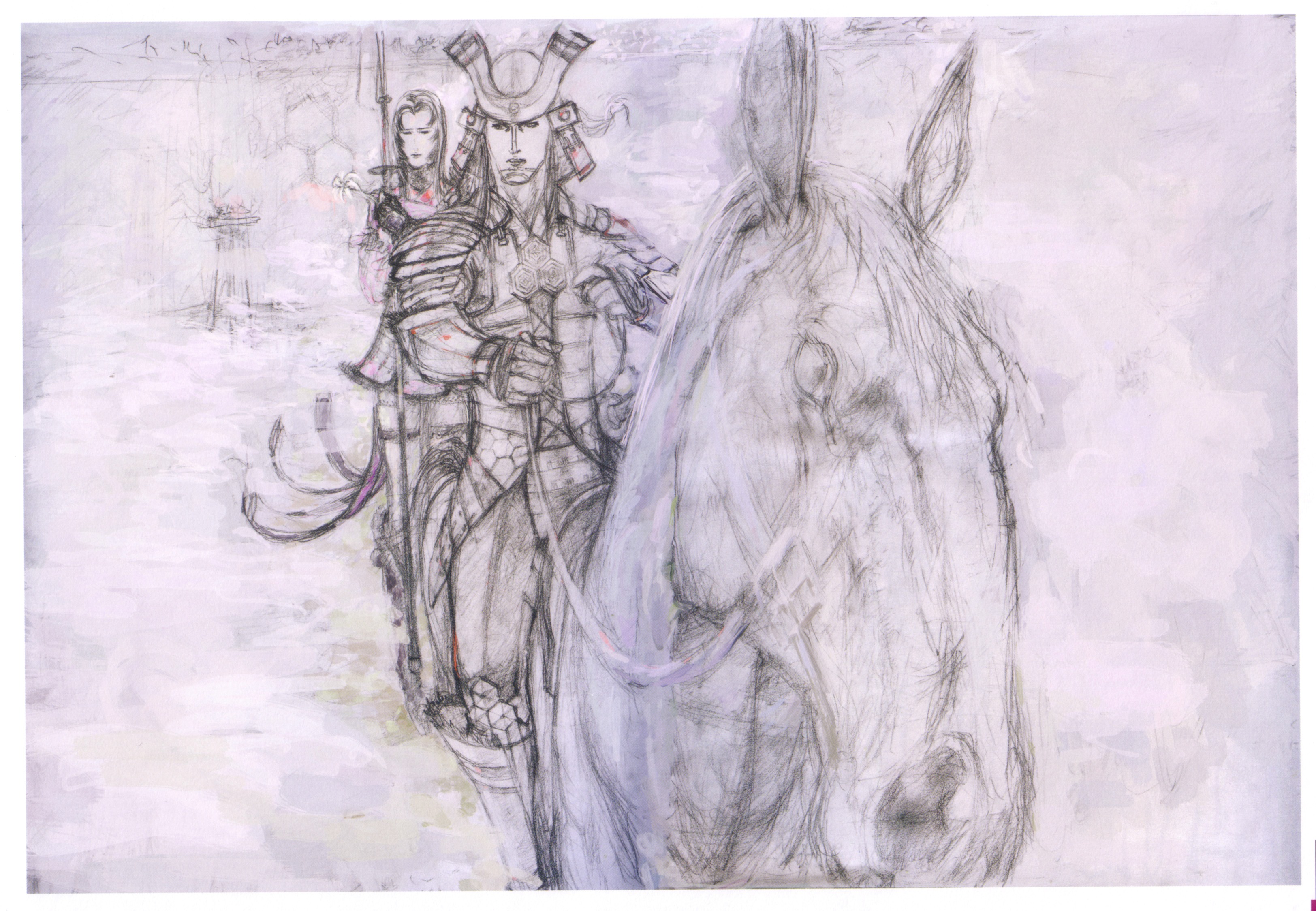 tsuchibayashi makoto, azai nagamasa (sengoku basara), oichi (sengoku basara), sengoku basara, absurdres, highres, 00s, 1boy, 1girl, armor, couple, helmet, horse, monochrome, naginata, polearm, purple theme, sketch, weapon