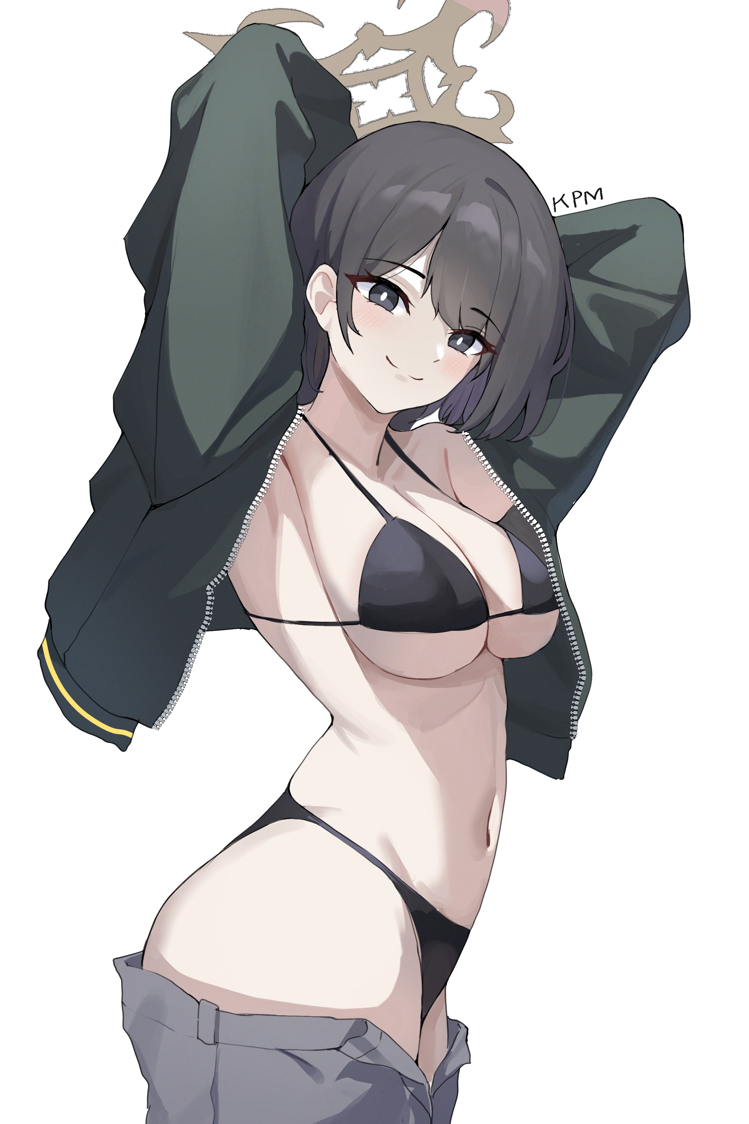 kurochomo, hiromi (blue archive), blue archive, absurdres, highres, 1girl, armpits, arms behind head, bikini, black bikini, black eyes, brown hair, brown halo, clothes pull, from side, halo, jacket, looking at viewer, navel, open clothes, open jacket, pants, pants pull, short hair, smile, string bikini, swimsuit, white background