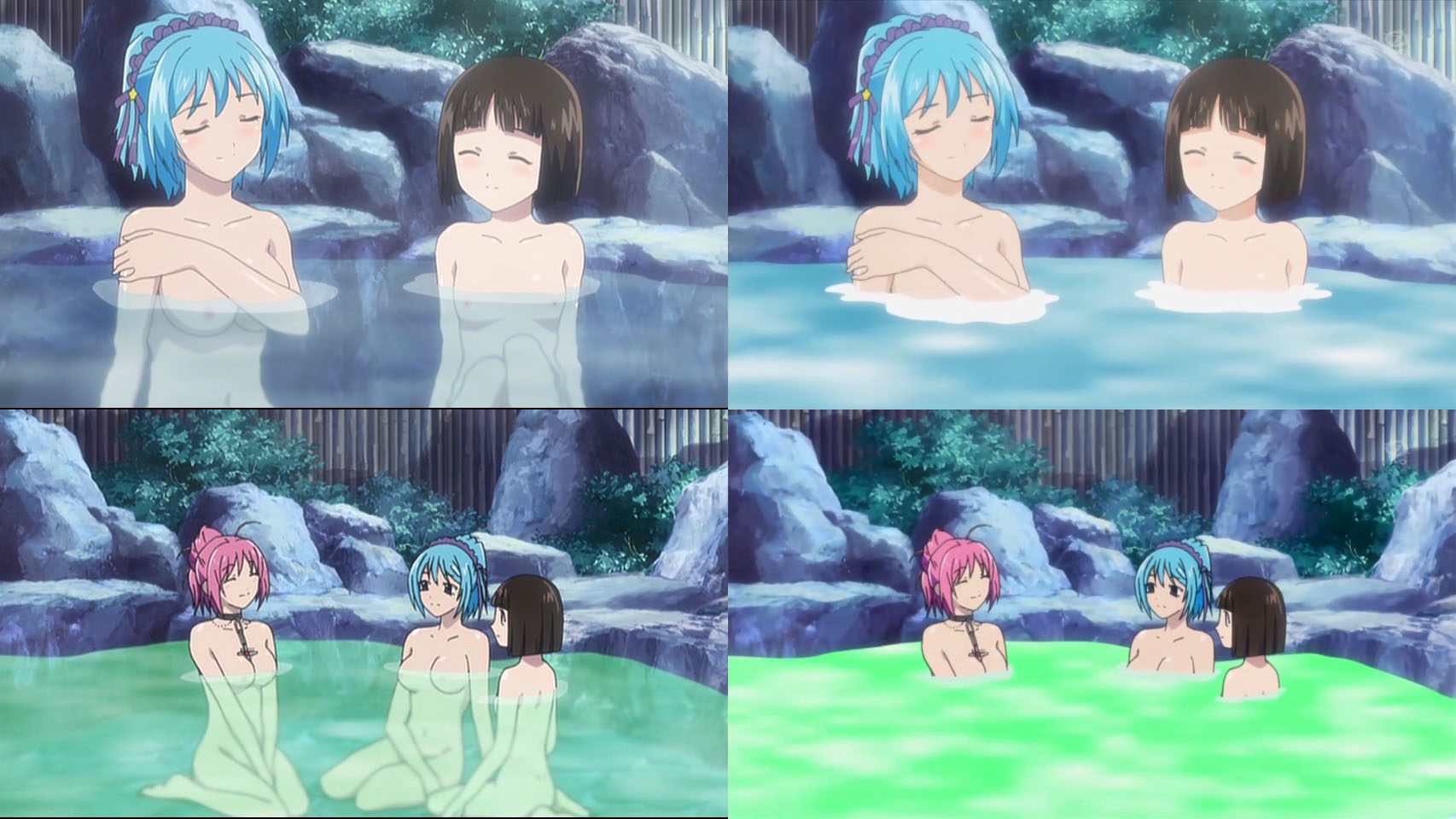 akashiya moka, kurono kurumu, sendou yukari, rosario+vampire, dvd, anime screenshot, highres, 00s, 3girls, breasts, comparison, demon girl, medium breasts, multiple girls, nipples, small breasts