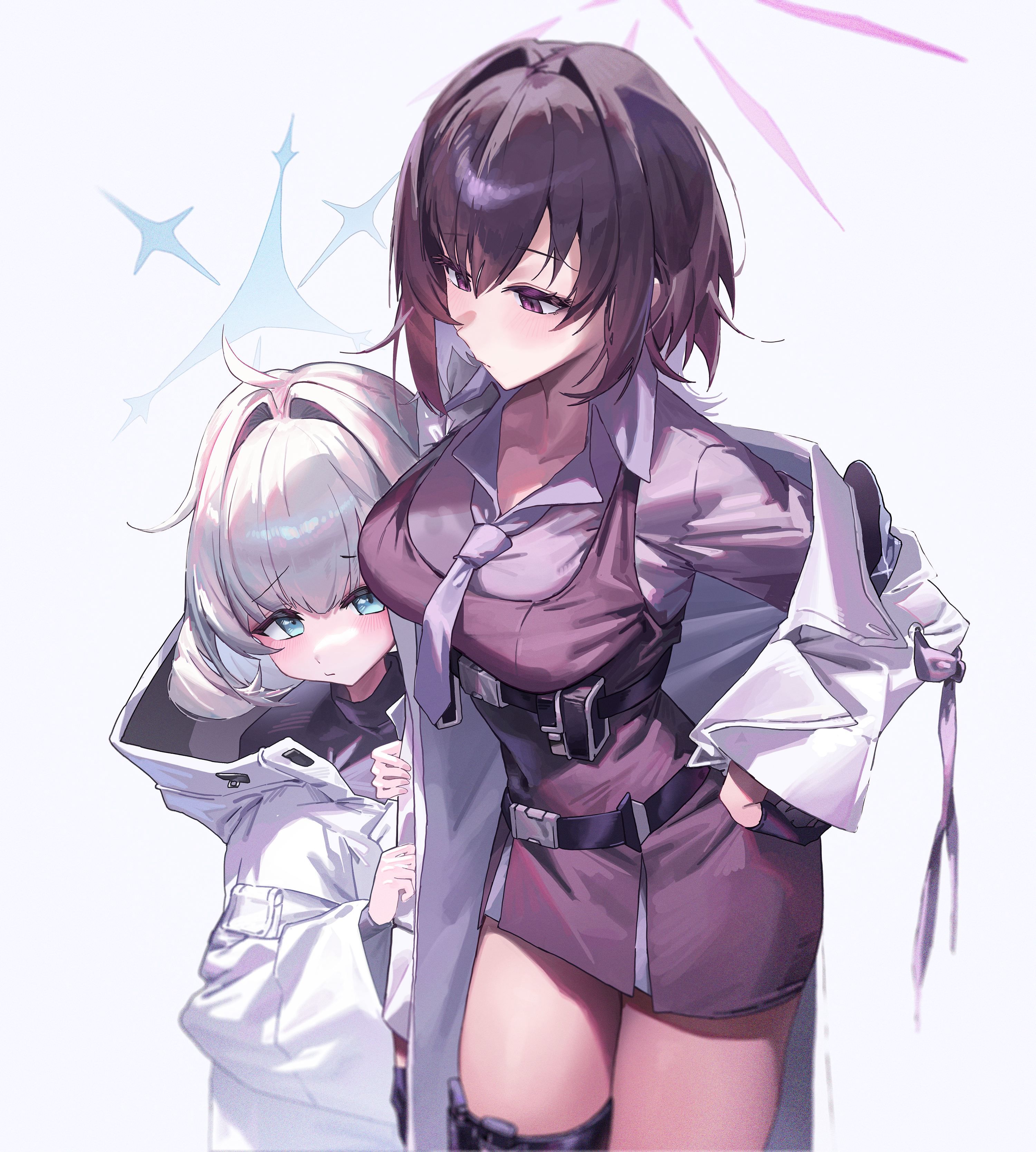 chun nam, maia (blue archive), subaru (blue archive), blue archive, absurdres, highres, 2girls, ahoge, black hair, blue eyes, blue halo, breasts, coat, dress over shirt, grey hair, grey necktie, grey shirt, halo, jacket, long hair, looking at another, looking at viewer, medium breasts, multiple girls, necktie, open clothes, open jacket, purple eyes, purple halo, shirt, short hair, simple background, white background, white coat, white jacket