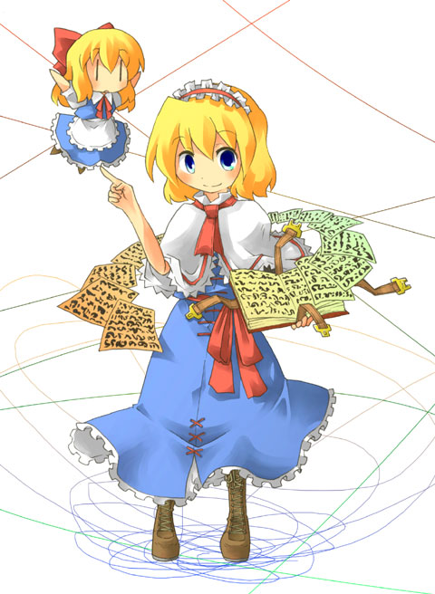 ara ta, harada (sansei rain), alice margatroid, shanghai doll, touhou, bad id, bad pixiv id, 1girl, blonde hair, blue eyes, book, boots, female focus, grimoire, grimoire of alice, hairband, pages, short hair, solo, string