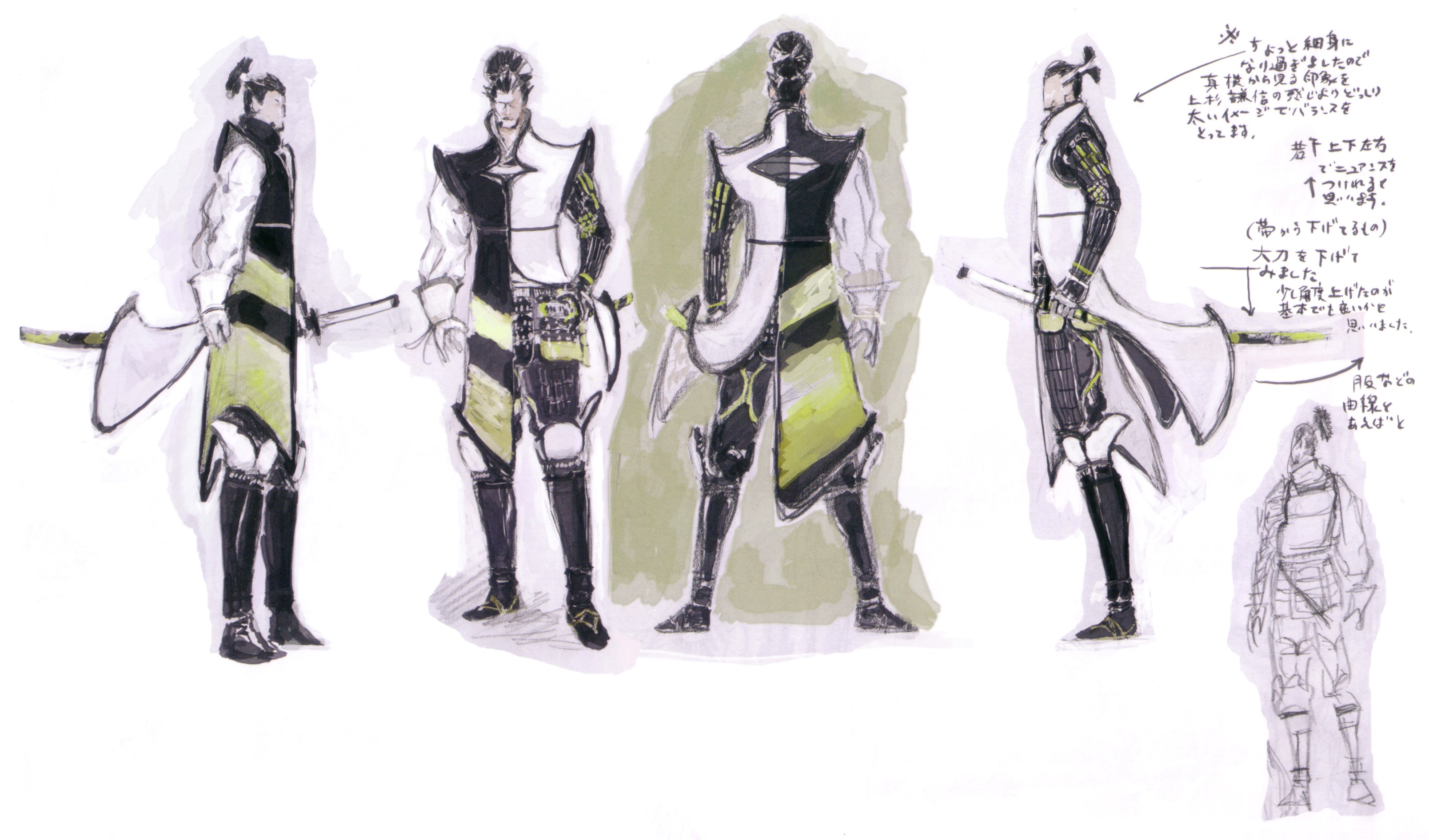 tsuchibayashi makoto, matsunaga hisahide, matsunaga hisahide (sengoku basara), sengoku basara, absurdres, concept art, highres, 00s, 1boy, armor, male focus, sword, weapon