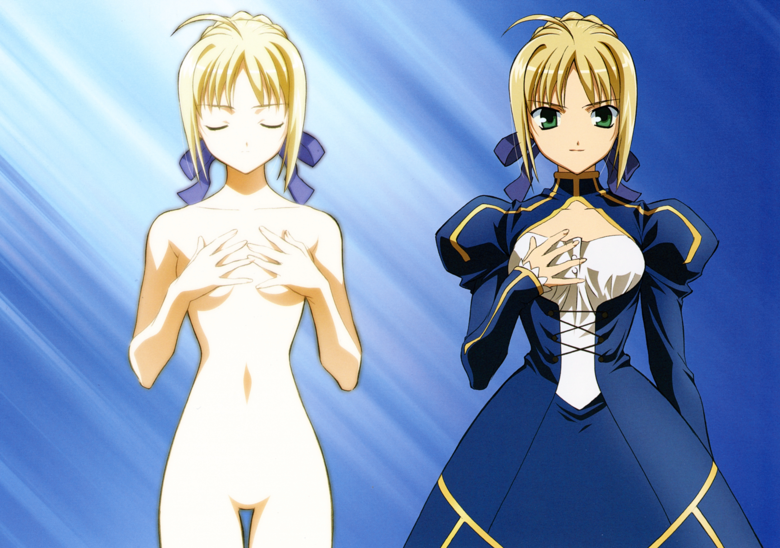 artoria pendragon (fate), saber (fate), fate/stay night, fate (series), type-moon, highres, 00s, ahoge, blonde hair, dual persona, green eyes, no pussy, nude, ribbon
