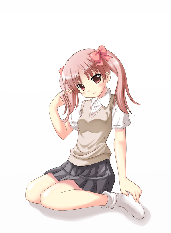 kenkou toshikou, shirai kuroko, toaru kagaku no railgun, toaru majutsu no index, 00s, 1girl, brown eyes, brown hair, female focus, red ribbon, red ribbons, ribbon, school uniform, simple background, skirt, socks, solo, twirling hair, white socks