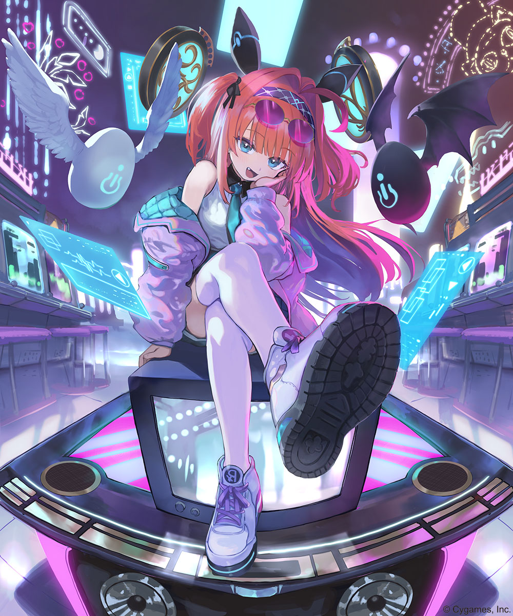 ponzu (catponz), copyright request, highres, translation request, 1girl, blue eyes, egg, fang, floating, flying, necktie, red hair, science fiction, shoes, sitting, solo, speaker