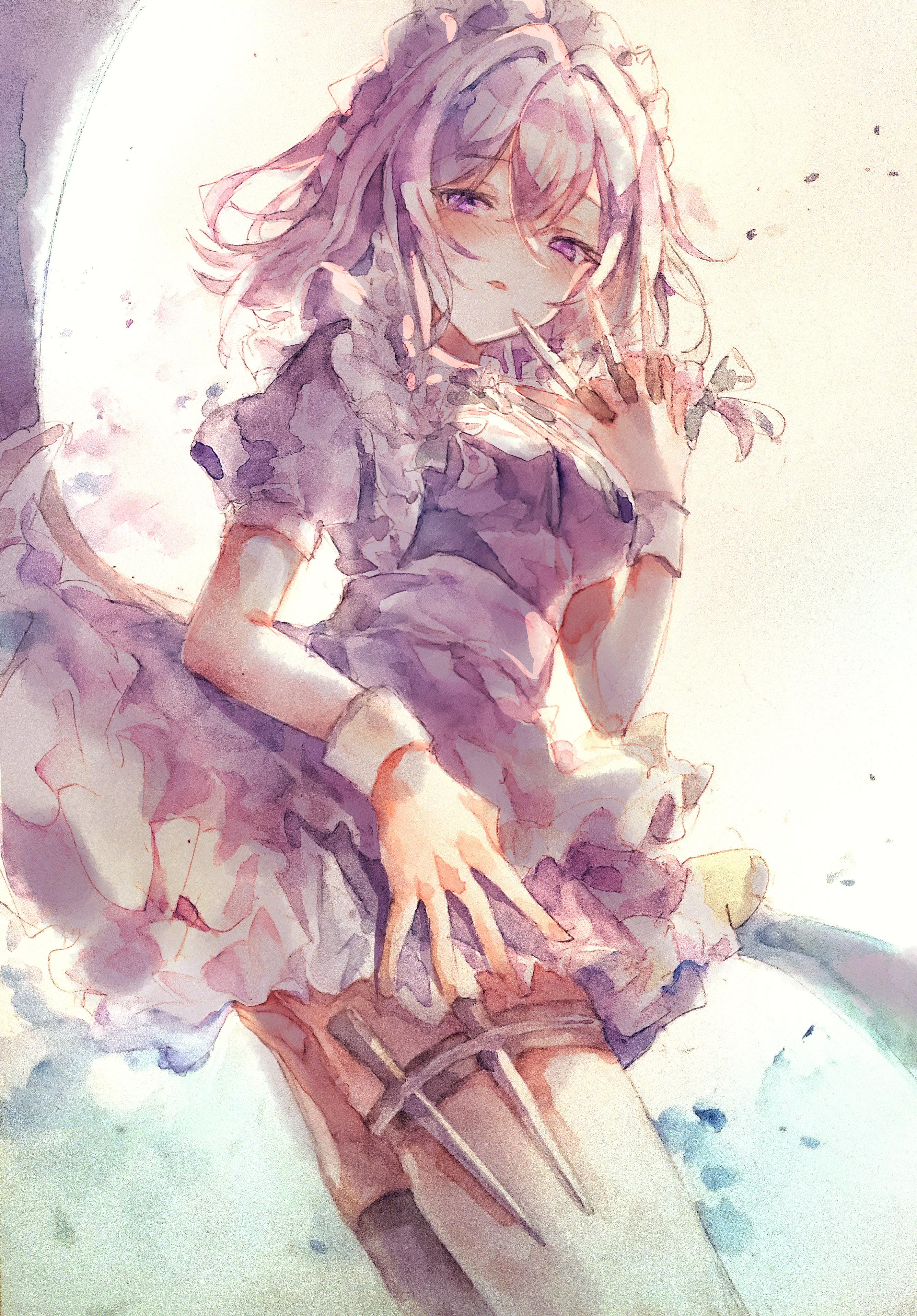 kamu kotan, izayoi sakuya, touhou, absurdres, highres, painting (medium), traditional media, watercolor (medium), 1girl, apron, bow, braid, breasts, frills, hair bow, knife, long hair, maid, maid headdress, moonlight, open mouth, purple eyes, ribbon, short hair, solo, twin braids