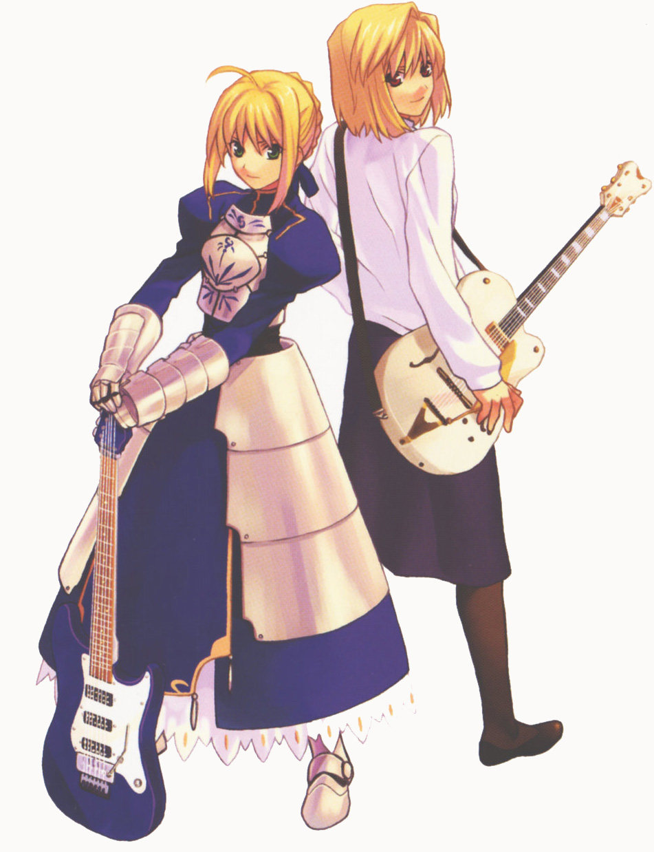 engo (mongo), arcueid brunestud, artoria pendragon (fate), saber (fate), fate/stay night, fate (series), tsukihime, type-moon, black legwear, highres, 00s, 2girls, ahoge, armor, blonde hair, company connection, gloves, green eyes, guitar, hands on hilt, instrument, long skirt, looking back, multiple girls, pantyhose, red eyes, skirt, sweater, thighhighs