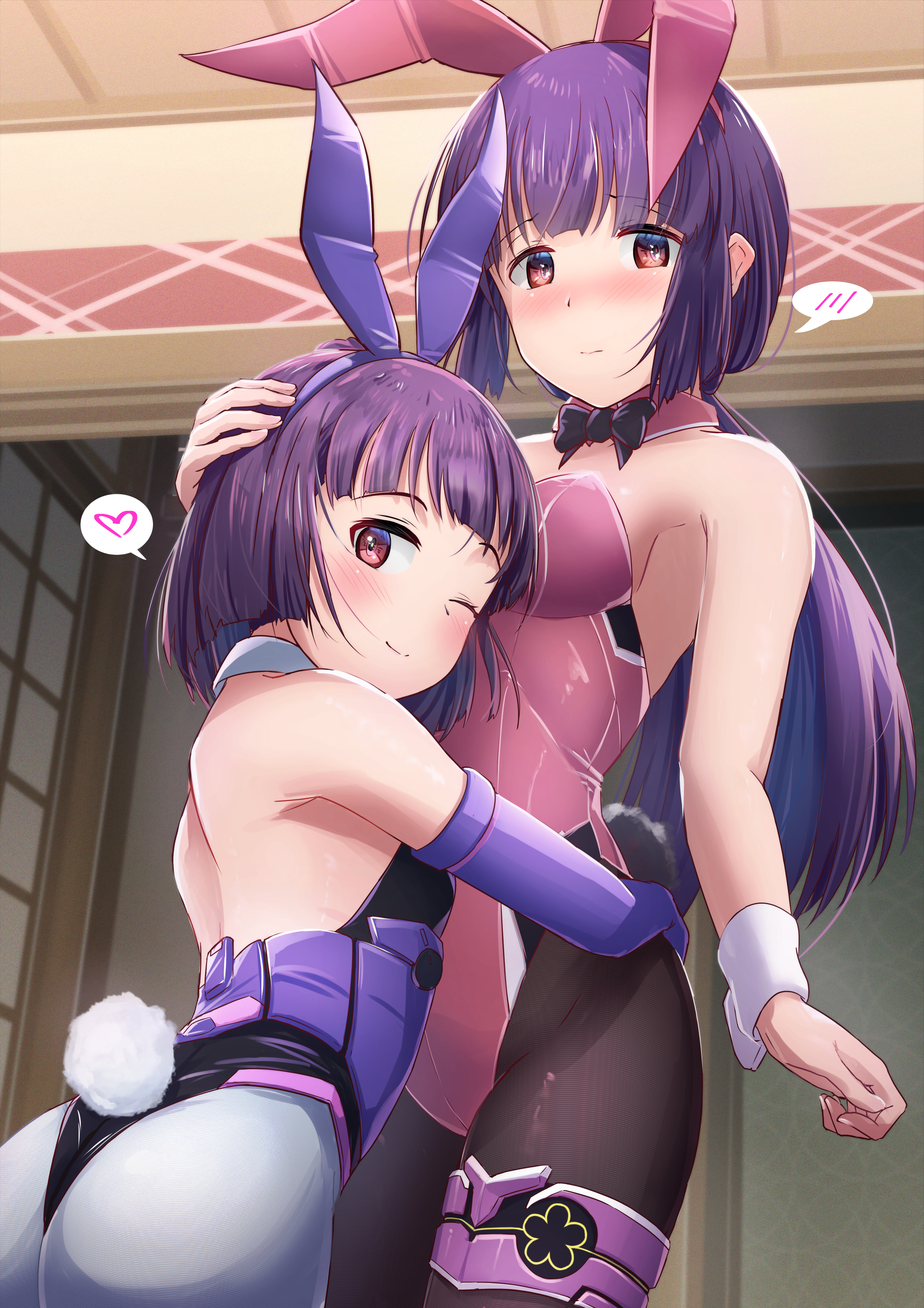 mikuraza azuki, alice gear aegis, 2girls, black leotard, leotard, mikuraza nemu, mother and daughter, multiple girls, playboy bunny, purple hair, red leotard