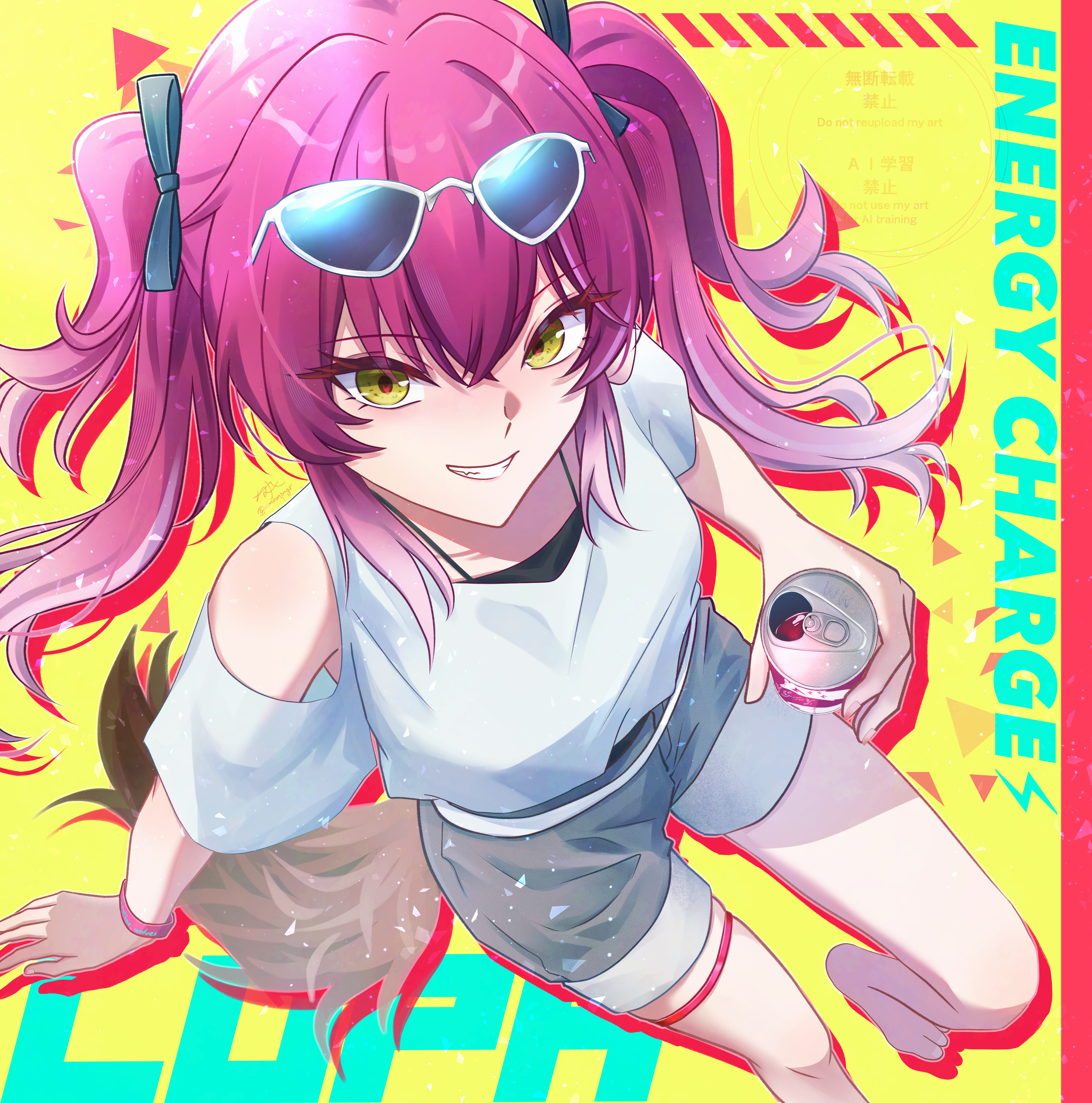 nmnmpngr, lupa (wuthering waves), wuthering waves, absurdres, highres, 1girl, alternate costume, can, casual, character name, clothing cutout, drink can, eyewear on head, from above, grey shorts, grin, holding, holding can, long hair, looking at viewer, looking up, red hair, shirt, short sleeves, shorts, shoulder cutout, smile, soda can, solo, tail, twintails, white shirt, wolf girl, wolf tail, yellow eyes