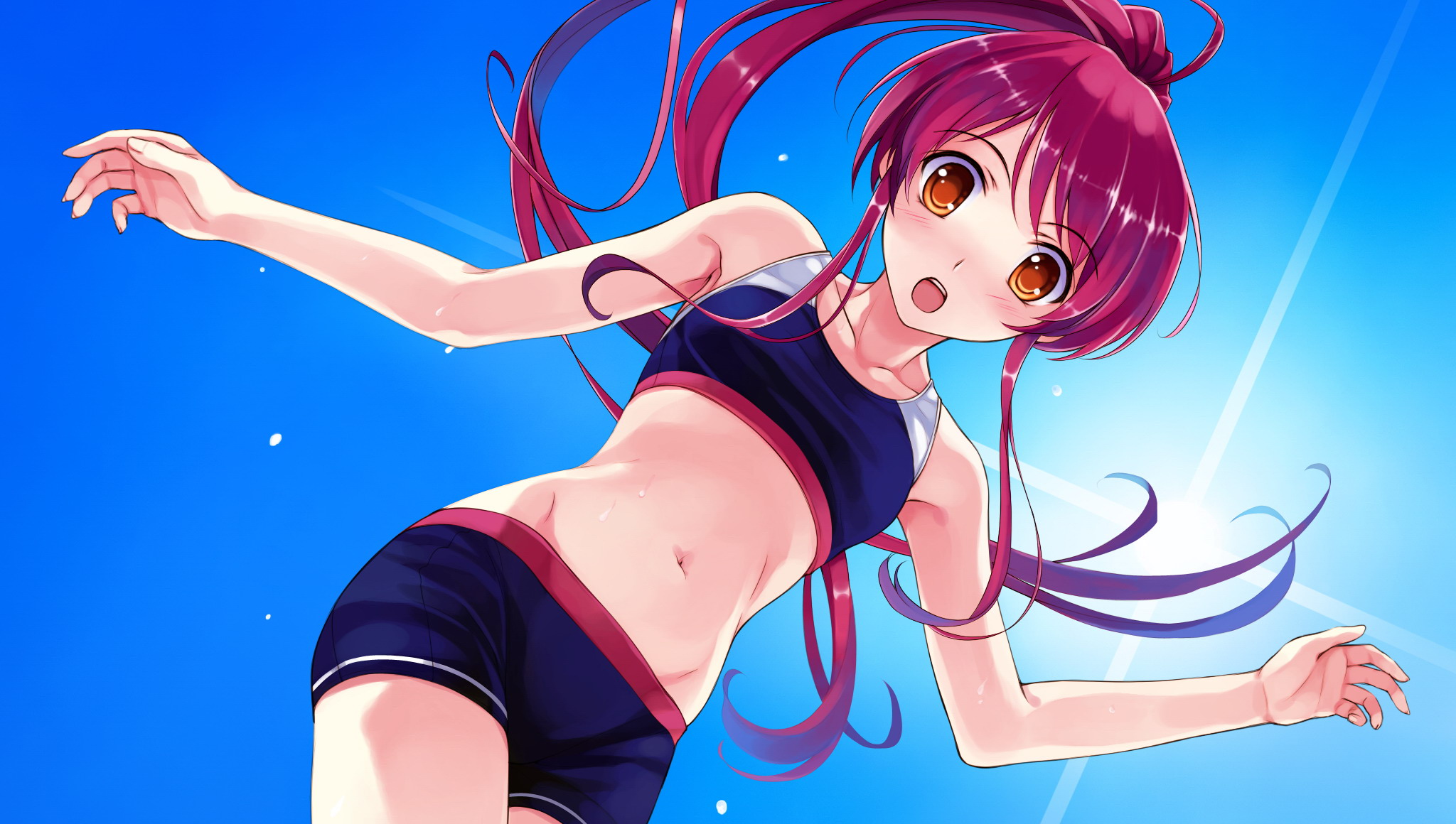cradle (circle), misaki kurehito, miyamae tomoka, abhar, suiheisen made nan mile?, game cg, highres, official art, 1girl, :o, bikini, bikini shorts, blue bikini, blue shorts, blue sky, blush, breasts, brown eyes, collarbone, cowboy shot, day, diffraction spikes, female focus, from below, groin, high ponytail, long hair, looking at viewer, midriff, navel, nose blush, open mouth, ponytail, red hair, short shorts, shorts, sidelocks, sky, small breasts, solo, sports bikini, stomach, sun, sunlight, sweat, swimsuit, teeth, upper teeth only, very long hair