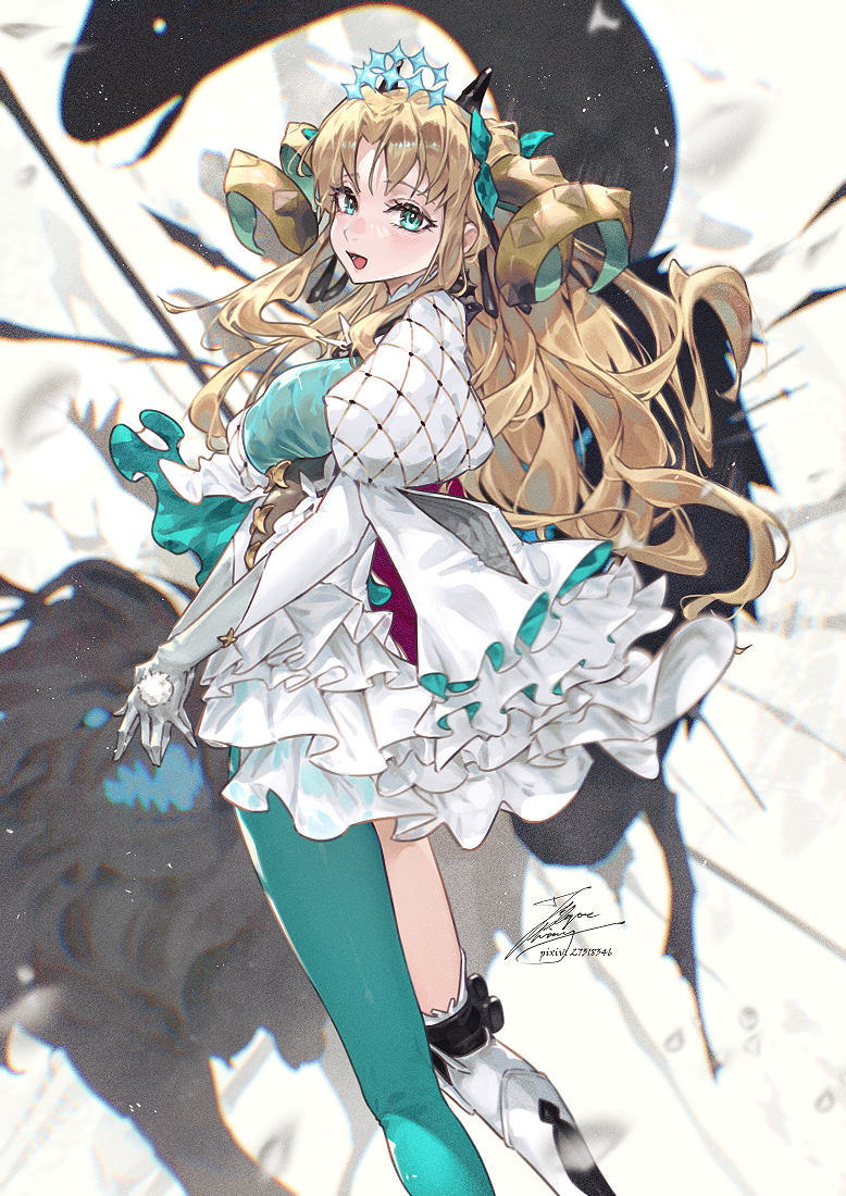 fadingz, ereshkigal (fate), space ereshkigal (fate), fate/grand order, fate (series), 1girl, animal, blonde hair, blush, bow, breasts, curled horns, elbow gloves, frills, gloves, green eyes, green pantyhose, hair bow, horns, leotard, lion, long hair, long sleeves, looking at viewer, medium breasts, open mouth, oversized animal, pantyhose, parted bangs, single leg pantyhose, single thighhigh, smile, snake, solo, thighhighs, thighs, two side up, white gloves, white leotard, white thighhighs