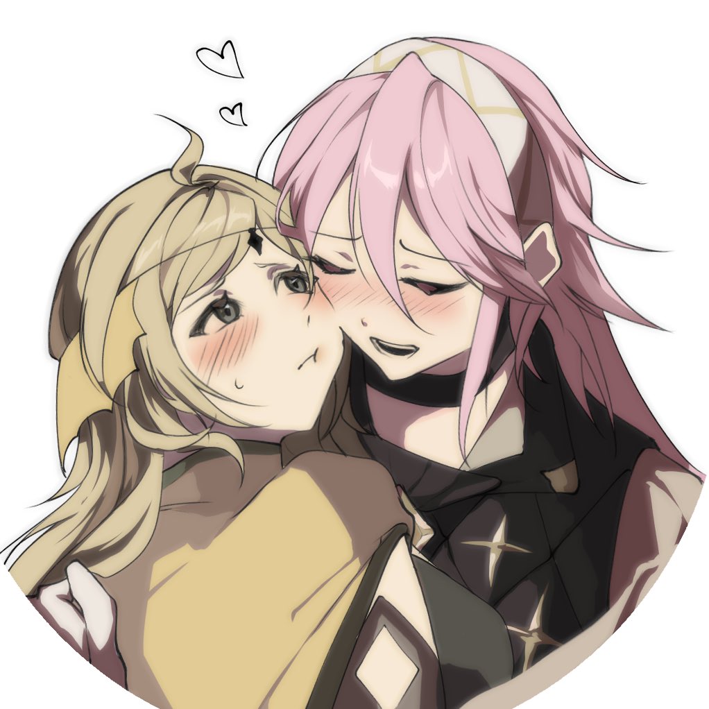 ophelia (fire emblem), soleil (fire emblem), fire emblem, fire emblem fates, nintendo, 2girls, black eyes, blonde hair, blush, breasts, closed eyes, closed mouth, hair between eyes, hairband, long hair, looking at another, medium breasts, multiple girls, open mouth, pink hair, pout, saki ttx, sweatdrop, upper body, white background, yuri