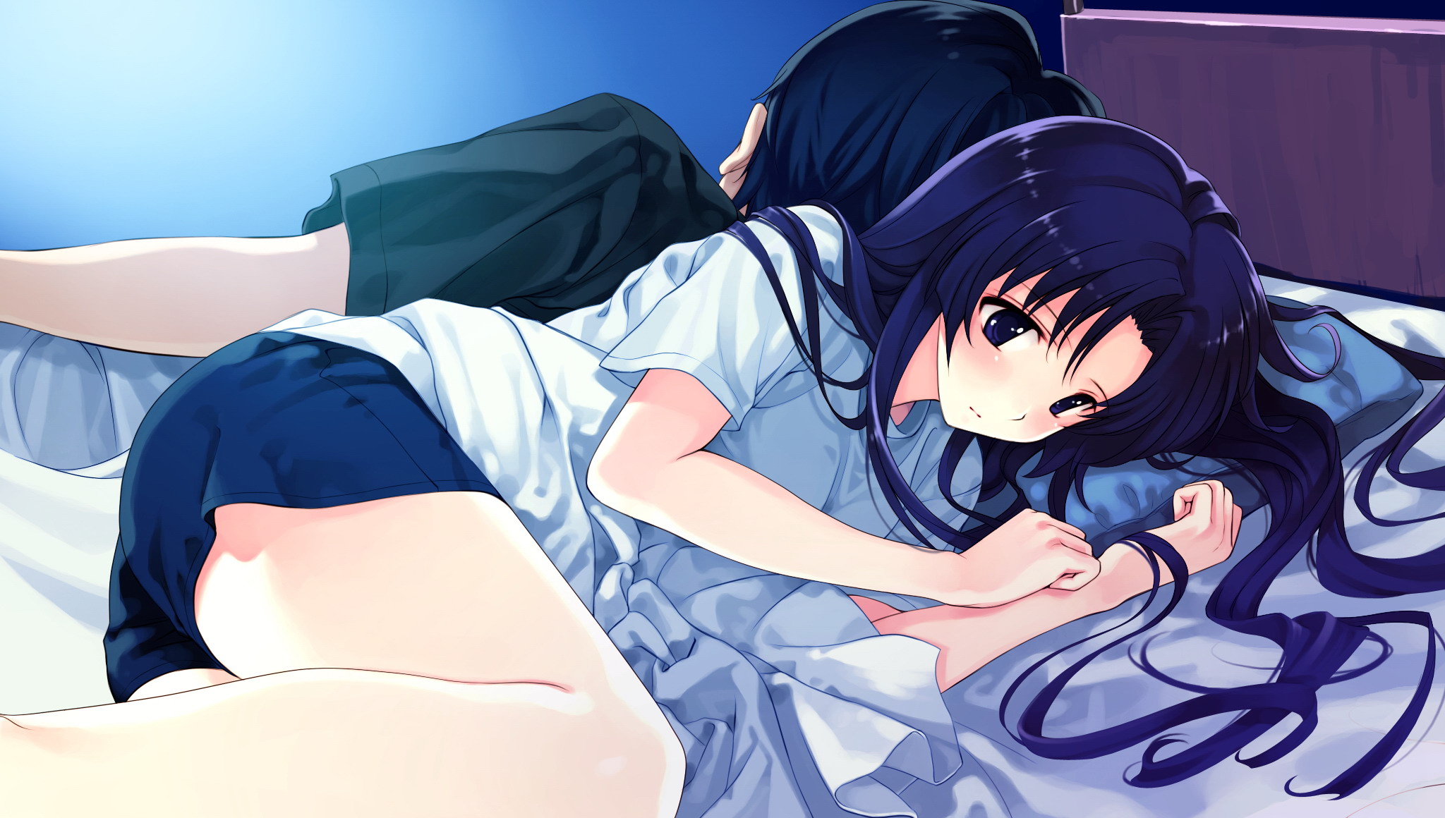 cradle (circle), misaki kurehito, koga sayoko, protagonist (suiheisen made nan mile?), abhar, suiheisen made nan mile?, game cg, highres, 1boy, 1girl, back-to-back, bed, blue eyes, blue hair, blush, long hair, lying