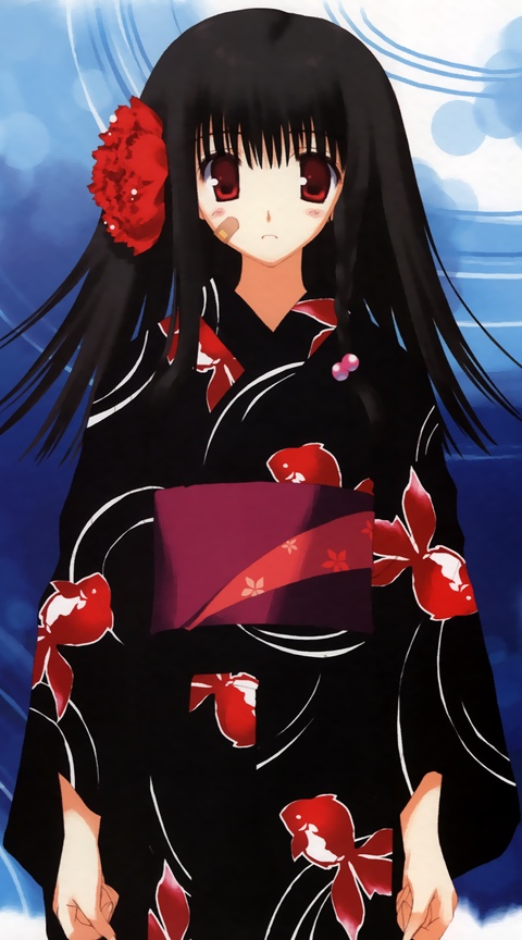 amazuyu tatsuki, mitsumi misato, non-web source, 1girl, animal print, bandaid, bandaid on face, black hair, female focus, fish print, flower, japanese clothes, kimono, long hair, red eyes, solo