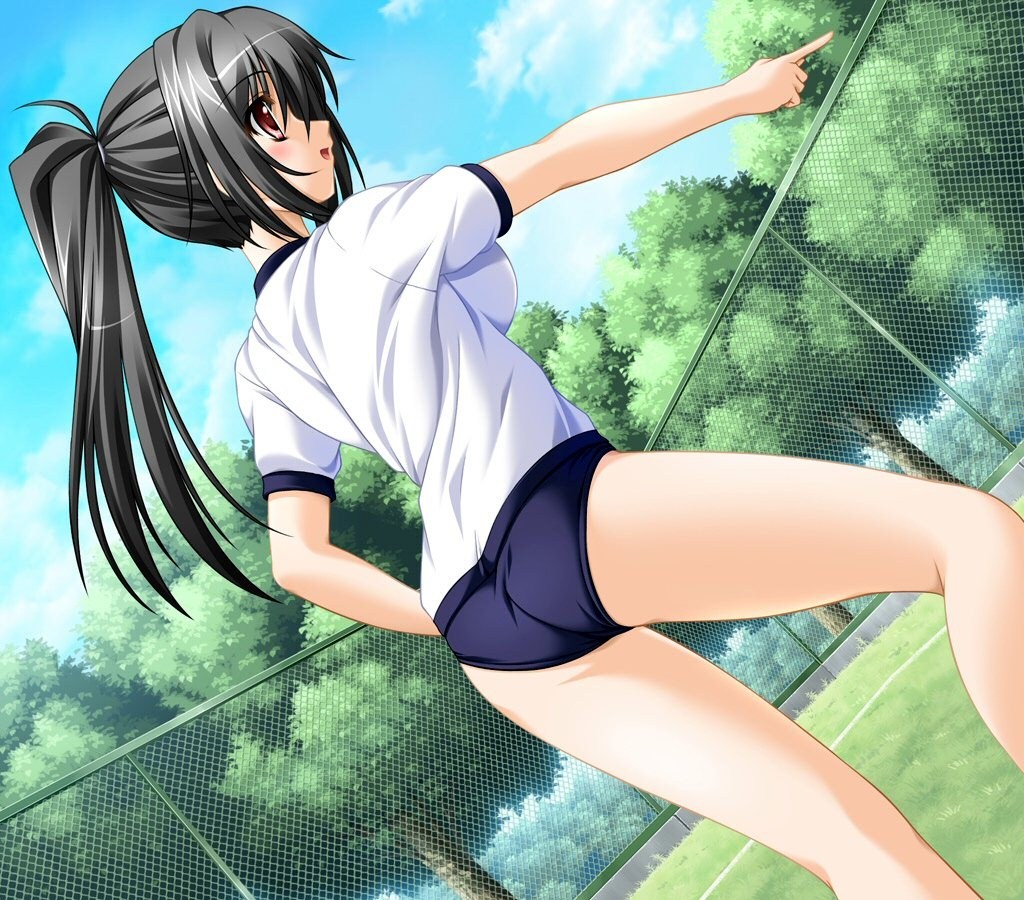 us@myo, sakaki nagisa, katakoi no tsuki, game cg, non-web source, 1girl, ass, black hair, buruma, dutch angle, female focus, gym uniform, long hair, pointing, ponytail, red eyes, solo