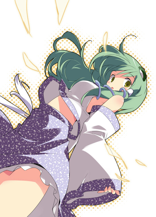 asoka, kochiya sanae, touhou, 1girl, bare shoulders, breasts, detached sleeves, female focus, frog hair ornament, from below, green eyes, green hair, hair ornament, large breasts, looking at viewer, looking down, matching hair/eyes, nontraditional miko, simple background, solo, vest, white background