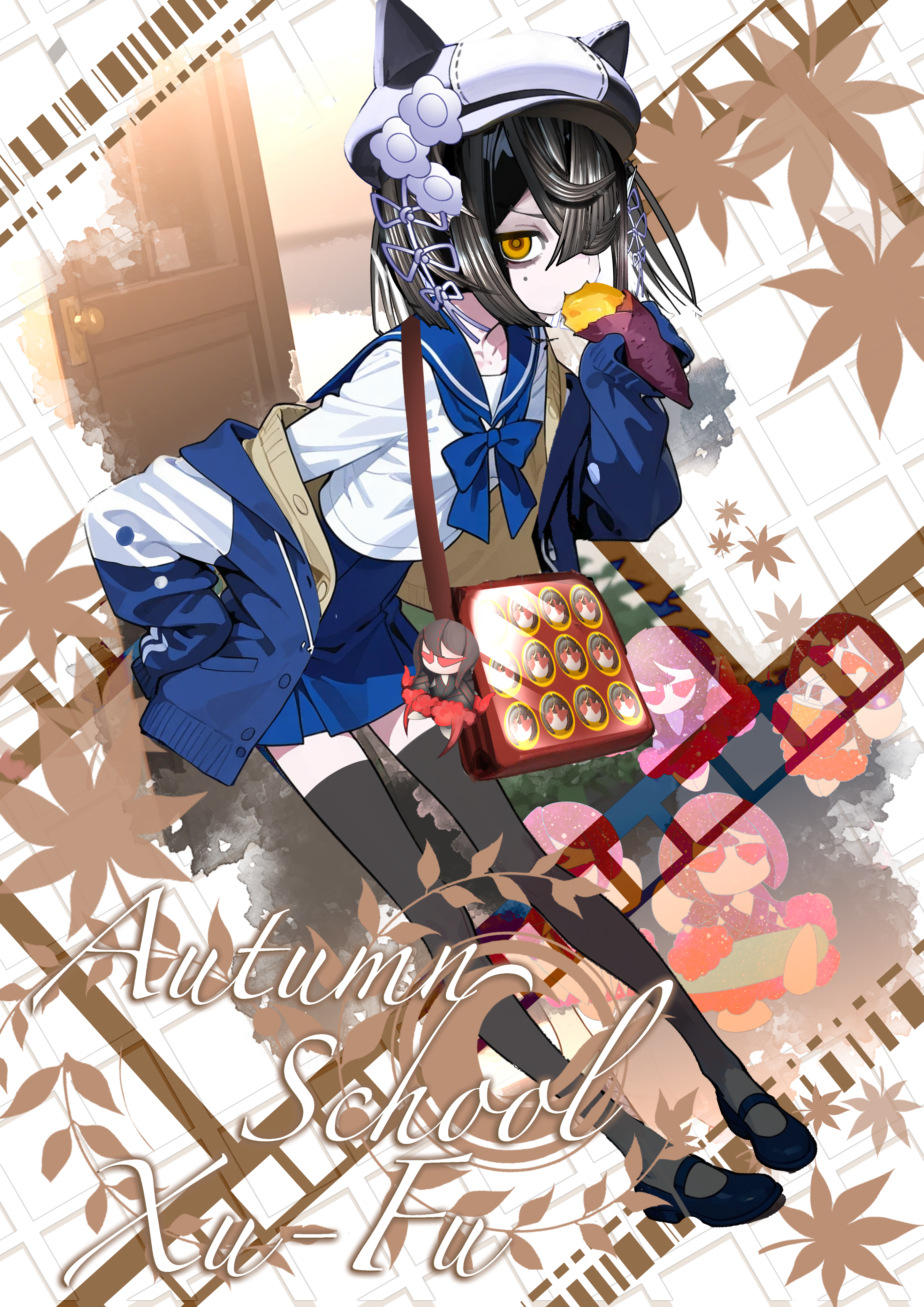 kitsunebi44410, xu fu (fate), fate/grand order, fate (series), absurdres, highres, 1girl, bag, black hair, black hat, blue jacket, blue sailor collar, blue skirt, bow, bowtie, breasts, brown eyes, brown thighhighs, eating, food, full body, hair over one eye, hat, high-waist skirt, jacket, lady yu doll, long sleeves, looking at viewer, mole, mole under eye, off shoulder, sailor collar, shirt, short hair, shoulder bag, skirt, small breasts, solo, thighhighs, white hat, white shirt