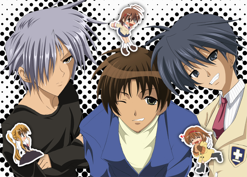 yukiomi haku, aizawa yuuichi, furukawa nagisa, kamio misuzu, kunisaki yukito, okazaki tomoya, tsukimiya ayu, air (visual novel), clannad, kanon, key (company), silver hair, bad id, bad pixiv id, 00s, 3boys, 3girls, blonde hair, blue eyes, blue hair, brown eyes, brown hair, chibi, company connection, crossover, grin, multiple boys, multiple girls, school uniform, short hair, smile