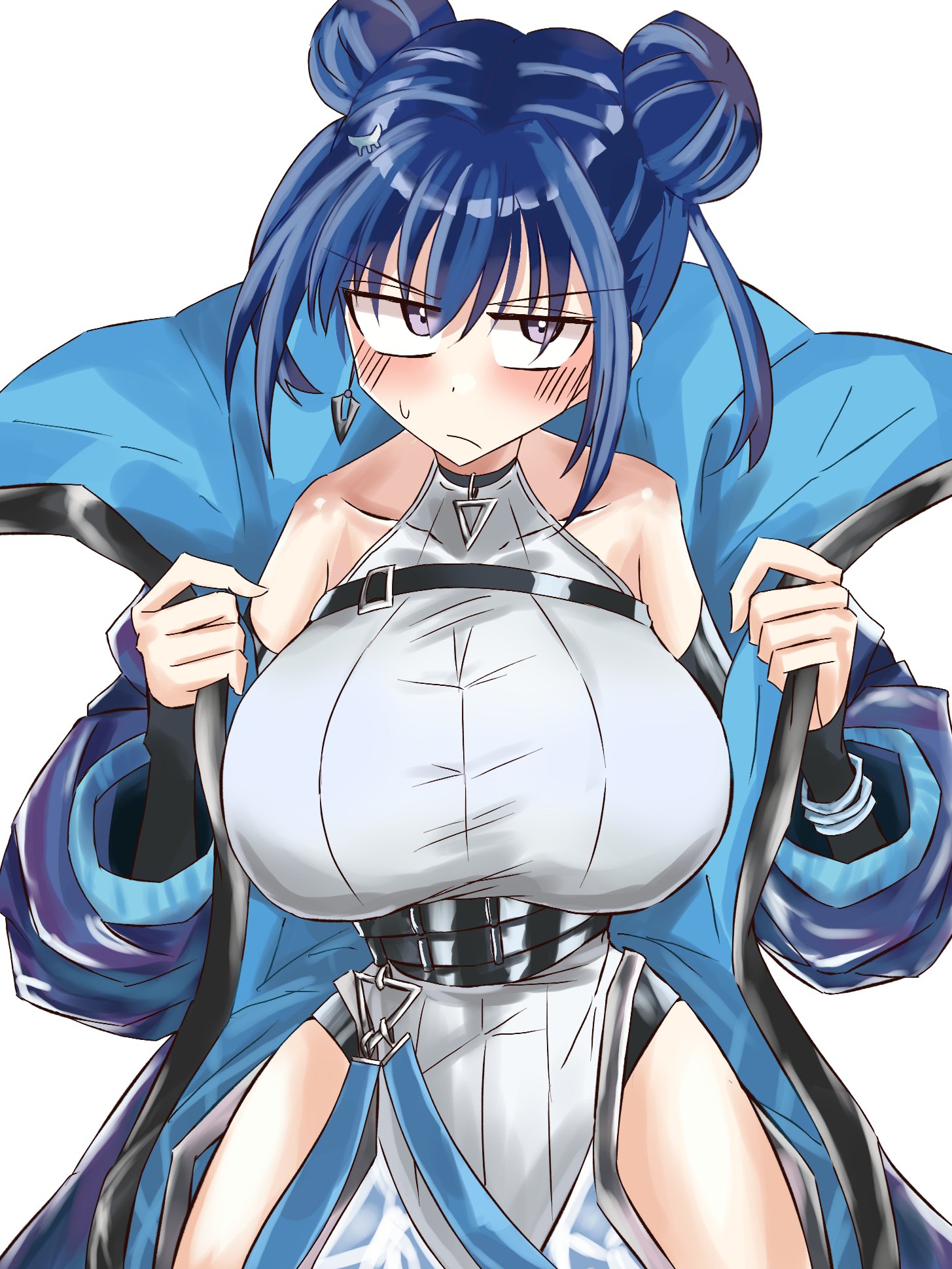 irutann, evil twin lil-la, lil-la (yu-gi-oh!), yu-gi-oh!, yu-gi-oh! master duel, highres, 1girl, blue-tinted eyewear, blue hair, blush, breasts, chest belt, cropped vest, double bun, duel monster, gloves, hair bun, jacket, large breasts, leotard, looking at viewer, short hair, tinted eyewear, vest, white leotard