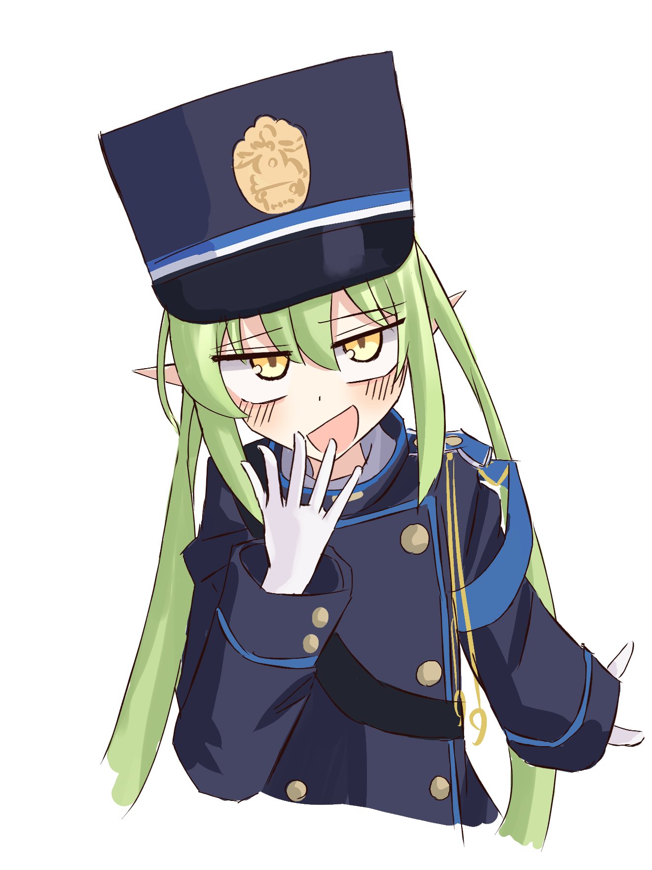 irutann, nozomi (blue archive), blue archive, highres, 1girl, armband, black tail, blue armband, blush, demon tail, fang, gloves, green hair, green halo, halo, hat, long hair, long sleeves, looking at viewer, making faces, open mouth, peaked cap, pointy ears, skin fang, smile, tail, train conductor, twintails, white gloves, yellow eyes