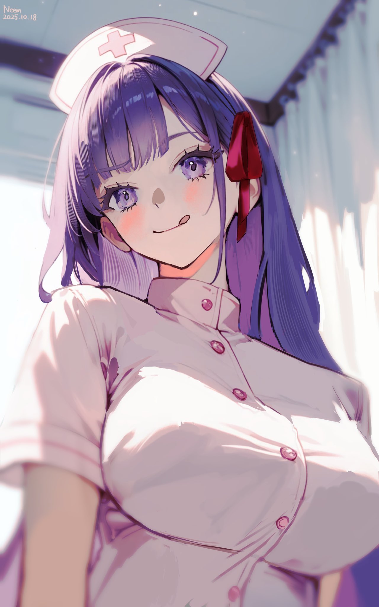 minestrongzzz, bb (fate), fate/grand order, fate (series), highres, 1girl, blush, breasts, dress, hair ribbon, hat, large breasts, licking lips, long hair, looking at viewer, nurse cap, pink ribbon, purple eyes, purple hair, ribbon, short sleeves, smile, solo, tongue, tongue out, very long hair, white dress, white hat