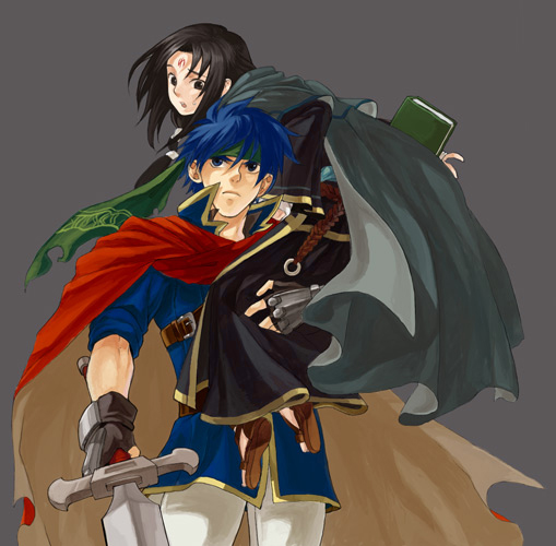 ike (fire emblem), soren (fire emblem), fire emblem, fire emblem: path of radiance, fire emblem: radiant dawn, nintendo, 2boys, black eyes, black hair, blue eyes, blue hair, book, cape, gameplay mechanics, gloves, headband, long hair, male focus, multiple boys, sword, weapon