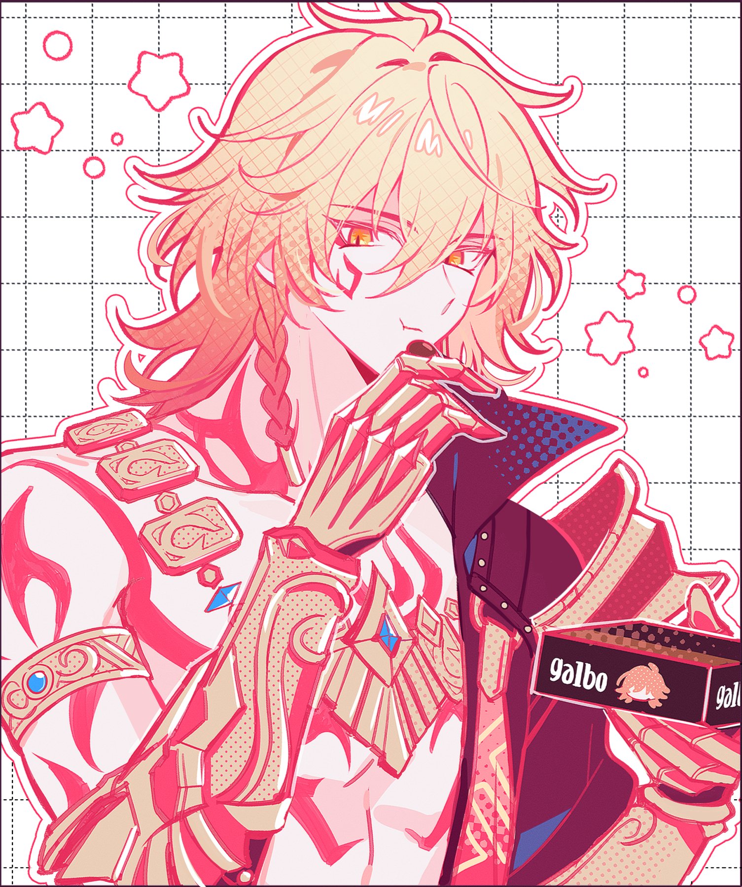 mydei (honkai: star rail), honkai: star rail, honkai (series), gold armlet, highres, 1boy, 4k10r1, arm tattoo, armlet, blonde hair, box, braid, cheek tattoo, chest tattoo, clawed gauntlets, closed mouth, eating, food, gold necklace, grid background, hair between eyes, hair intakes, holding, holding box, holding food, jewelry, long hair, looking at viewer, male focus, necklace, portrait, red tattoo, side braid, solo, star (symbol), tattoo, white background, yellow eyes