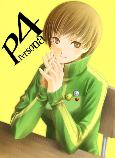 satonaka chie, atlus, persona, persona 4, 1girl, brown eyes, brown hair, female focus, jacket, lapel pin, short hair, sitting, smile, solo, table, track jacket